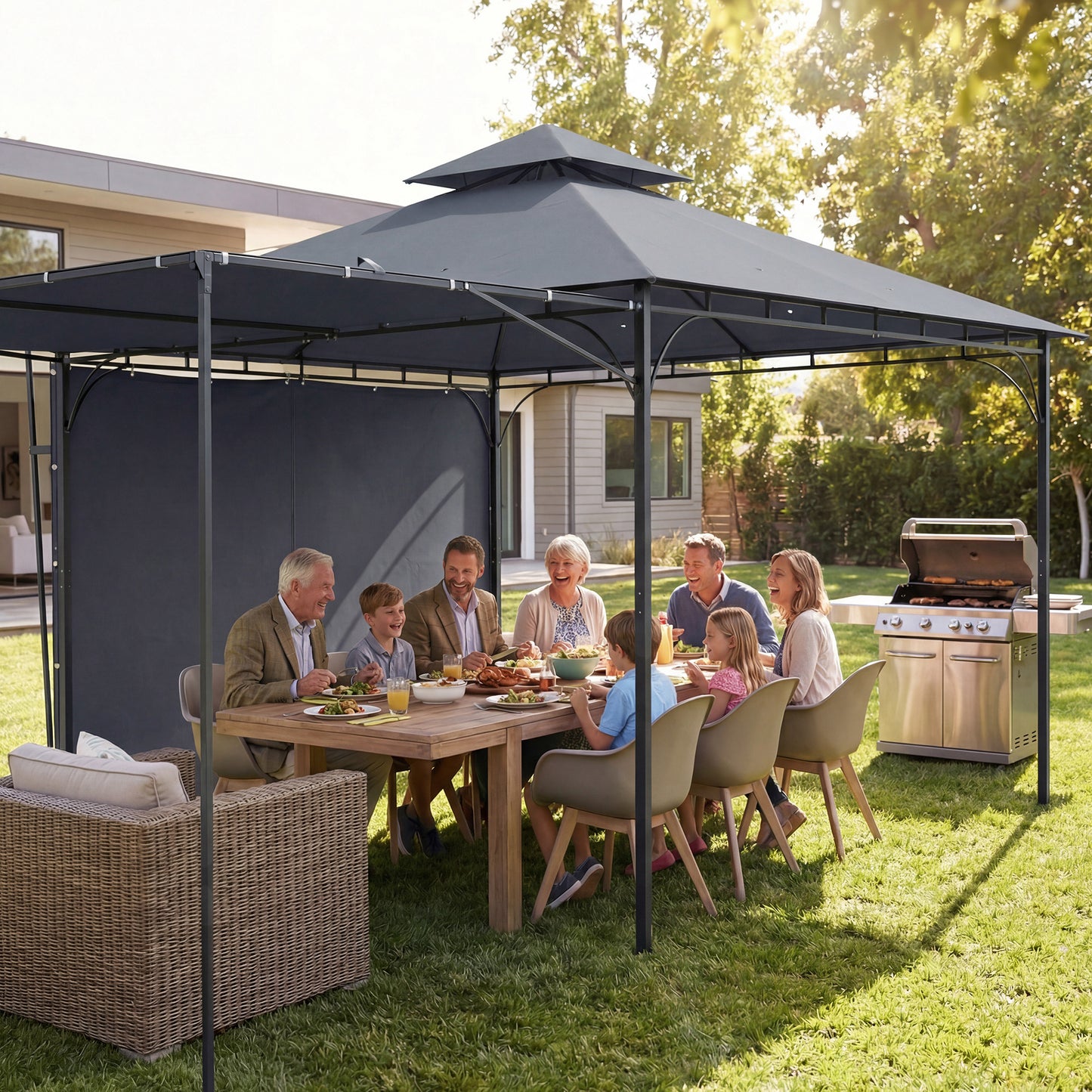 Patio Gazebo with Double Roof Outdoor Gazebo Canopy with Extendable Shade 126" x126" Dark Grey