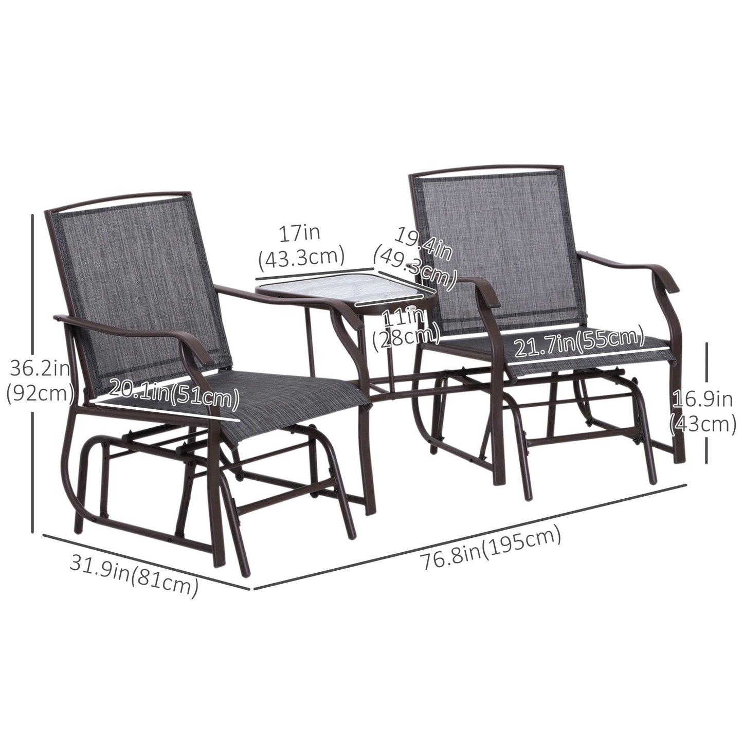 Double Patio Glider Chair with Glass Top Center Table, Outdoor Glider Loveseat with High Back, All Weather Breathable Mesh Fabric for Garden, Backyard, Deck, Grey