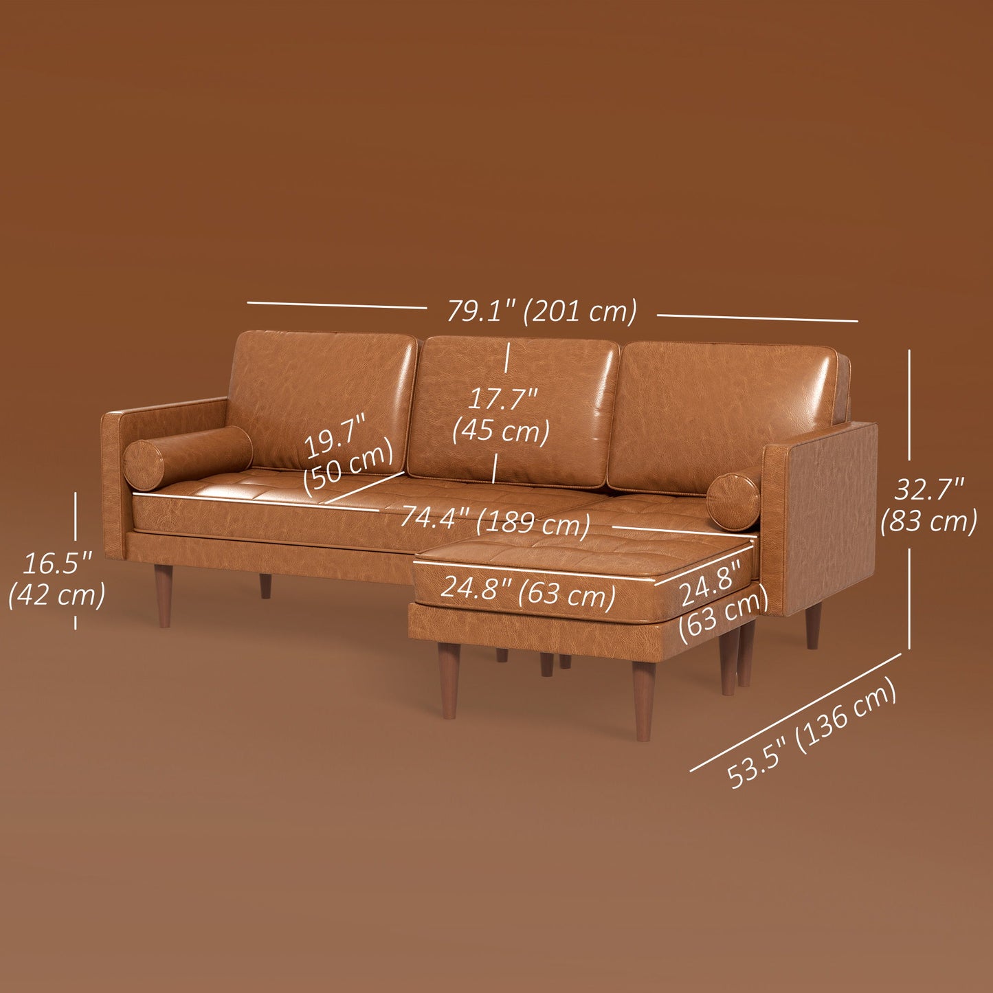 Faux Leather Sectional Sofa Couch L-Shaped Corner Sofa Set with Footstool and 2 Bolster Pillows, Brown