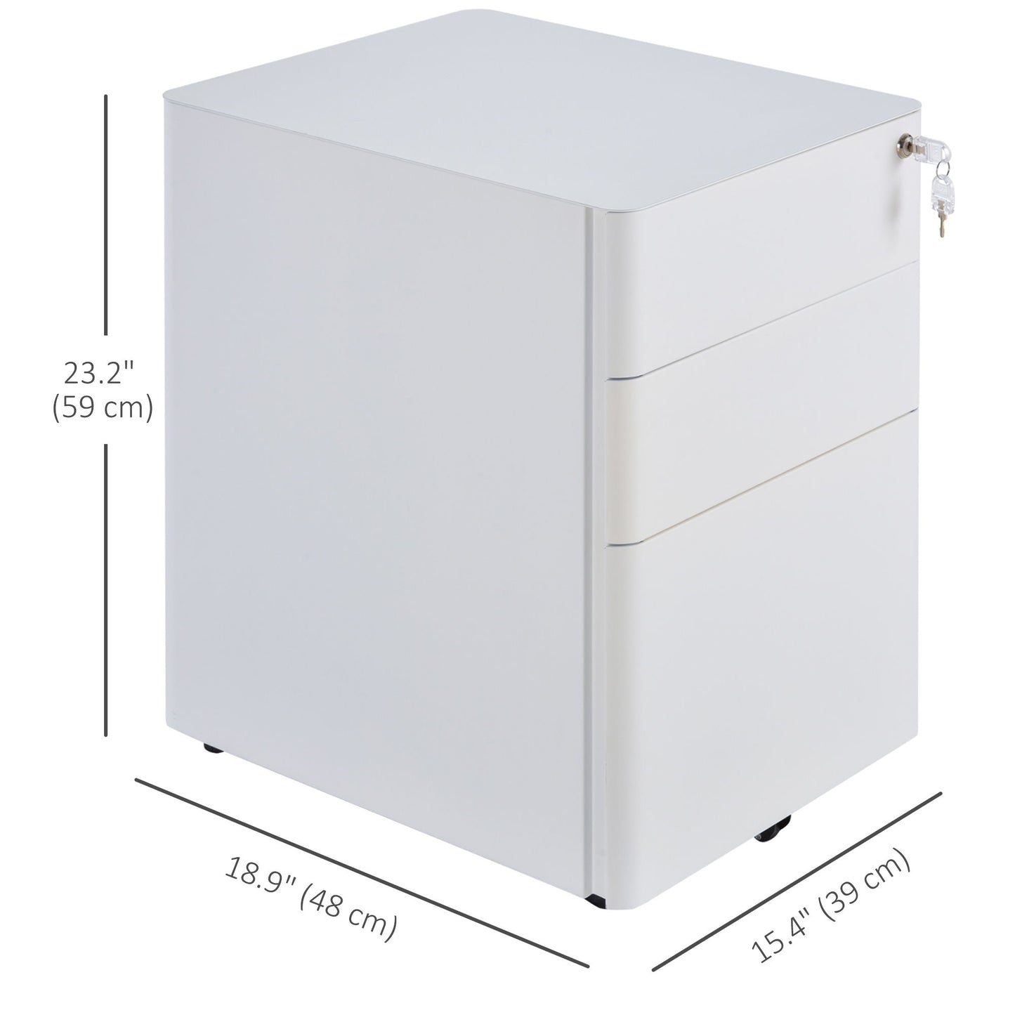 3 Drawer Filing Cabinet, Steel Home Office Storage Cabinet with Wheels, Lock for A4, Letters, Legal-sized Files, White