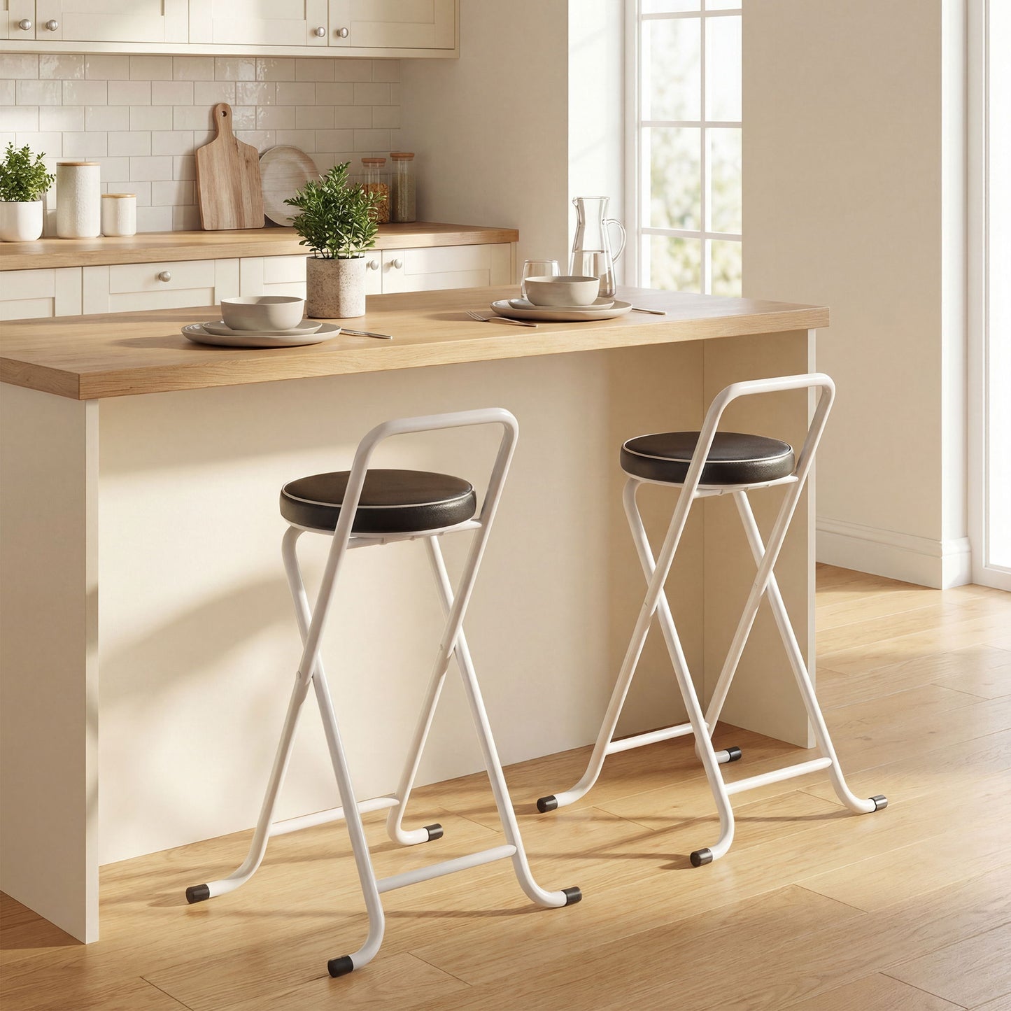 Foldable Bar Stools Set of 2, Folding Kitchen Chairs with PU Cushioned Seat, Footrest, Black