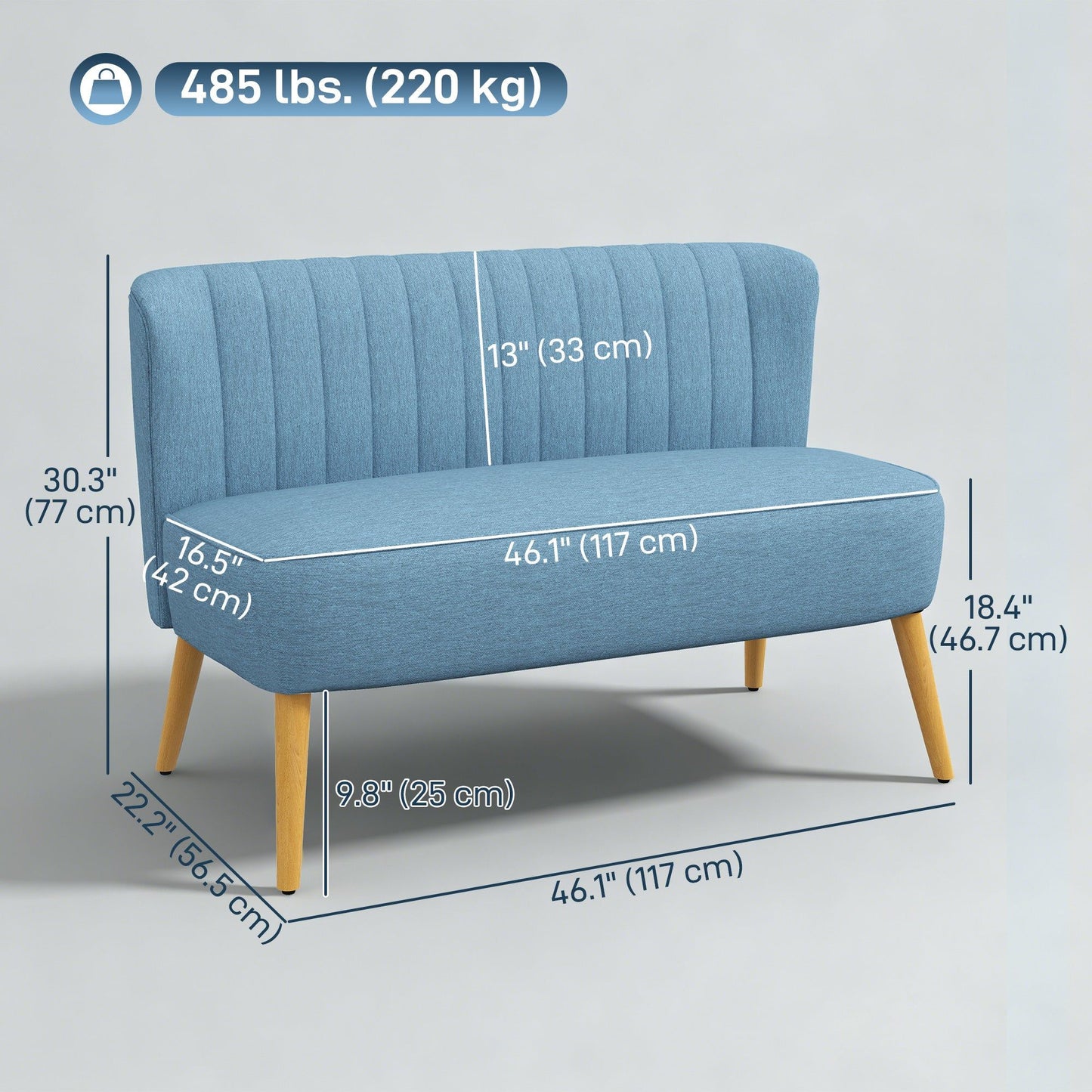 2-Seat Loveseat Sofa with Rubber Wood Legs - Blue