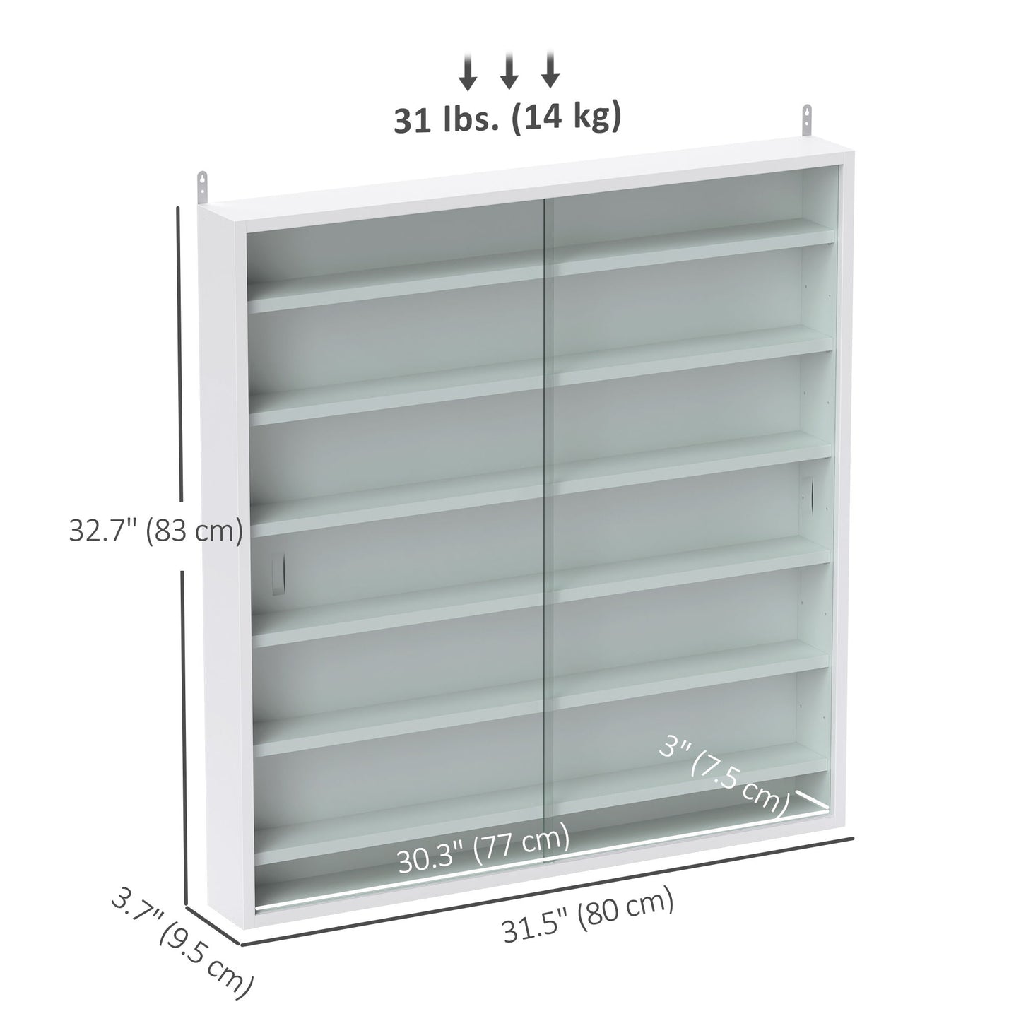 7-Tier Display Cabinet, Shot Glass Display Case, Glass Curio Cabinet with 2 Glass Doors and 6 Adjustable Shelves, White
