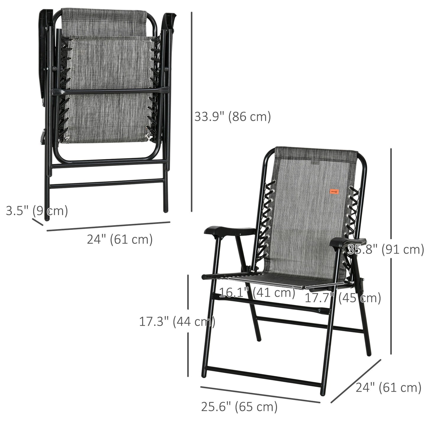 Outdoor Folding Chair, Bungee Sling Foldable Patio Dining Chair with Armrests, Folding Lawn Chair for Camping, Garden, Pool, Beach, Backyard, Grey