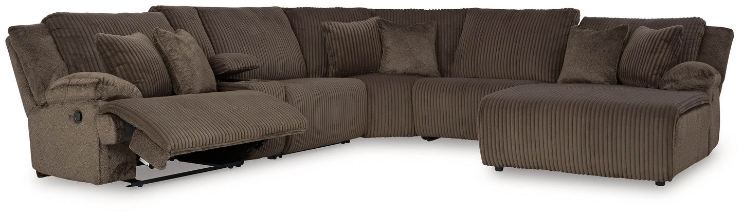 Top Tier - Chocolate - 6-Piece Reclining Sectional With Raf Press Back Chaise - Fabric - Forward Furniture