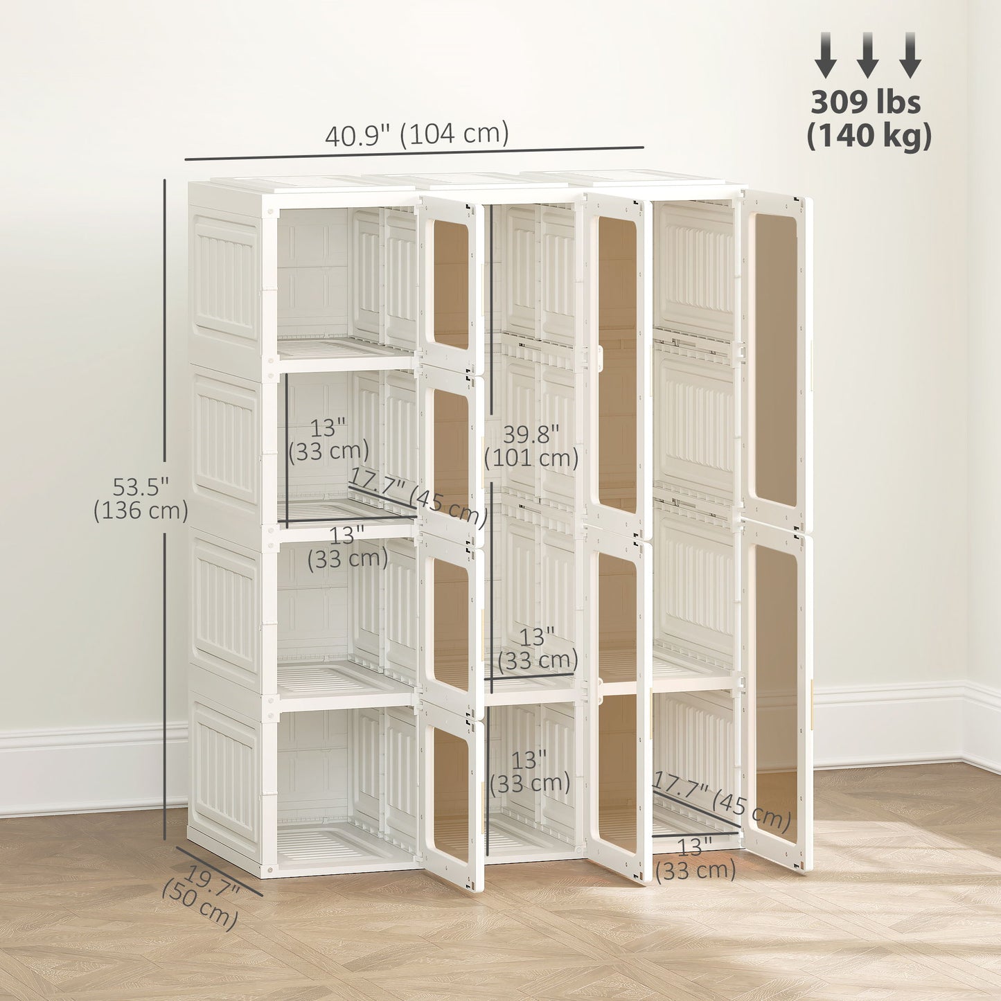 Portable Wardrobe, Foldable Plastic Closet with 8 Compartments, 2 Hanging Rods and Magnetic Clear Doors, Brown