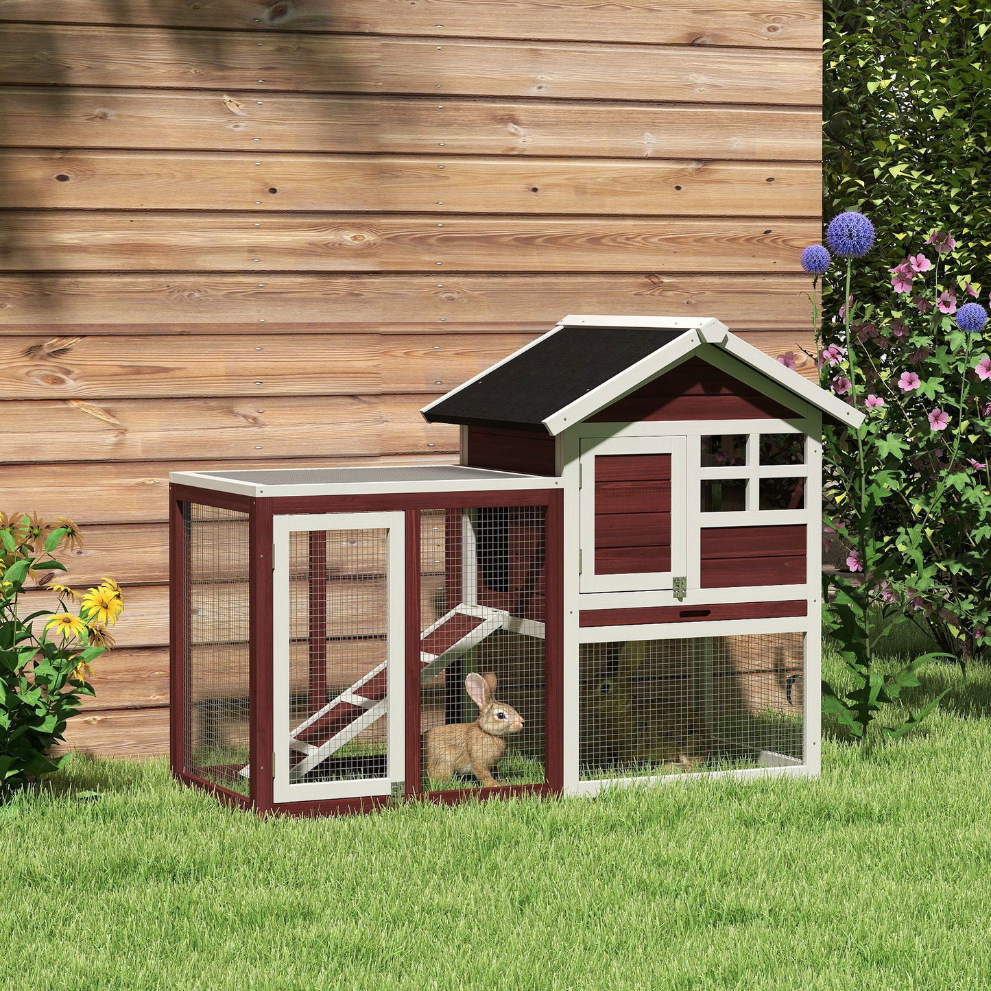 48" Weatherproof Wooden Rabbit Hutch Bunny Cage Small Animal House with Slant Roof And Screened Outdoor Run, Brown
