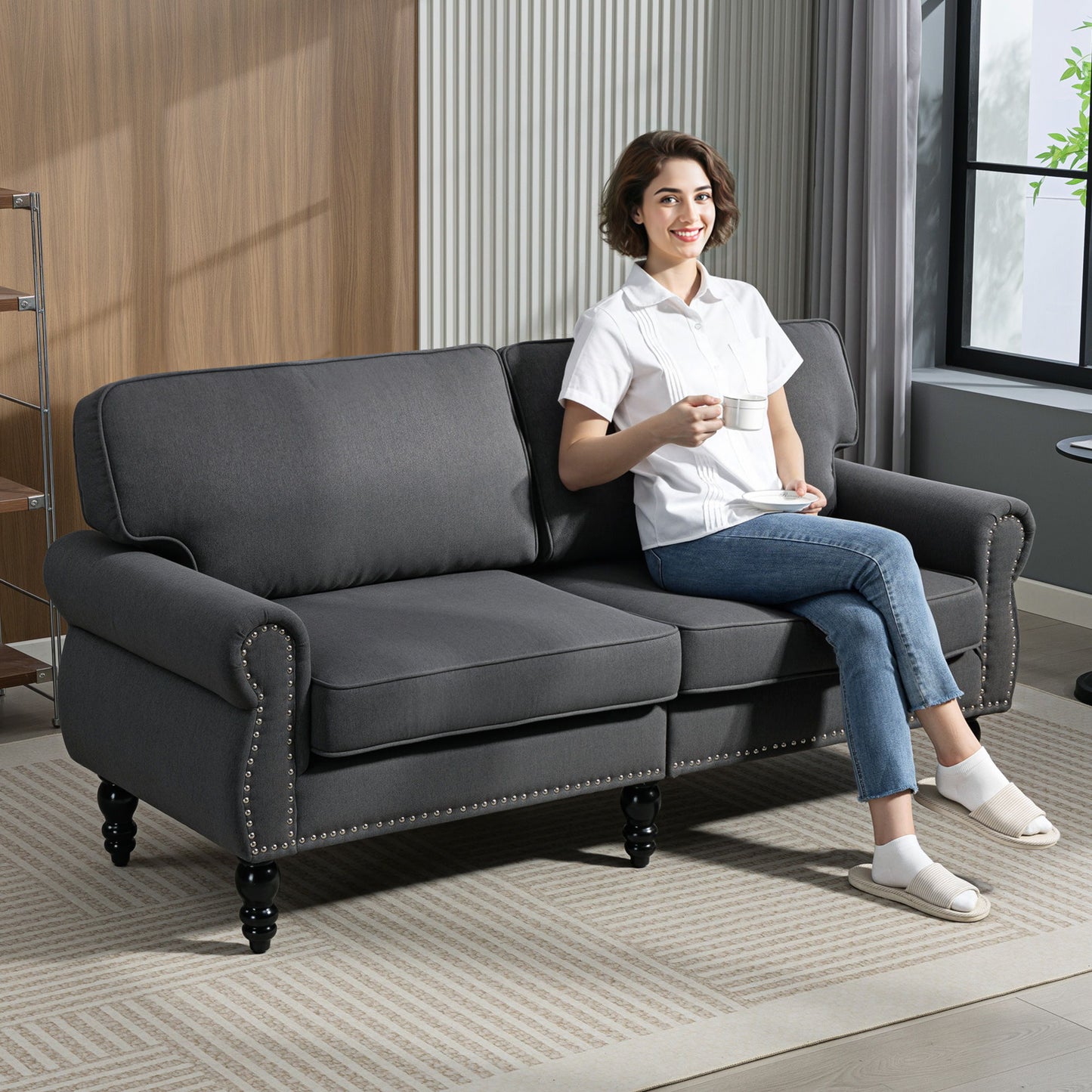Stylish Midback Double Sofa with Sponge Padding, 2 Seater Sofa Couch, with Rubber Wood Leg, Dark Grey