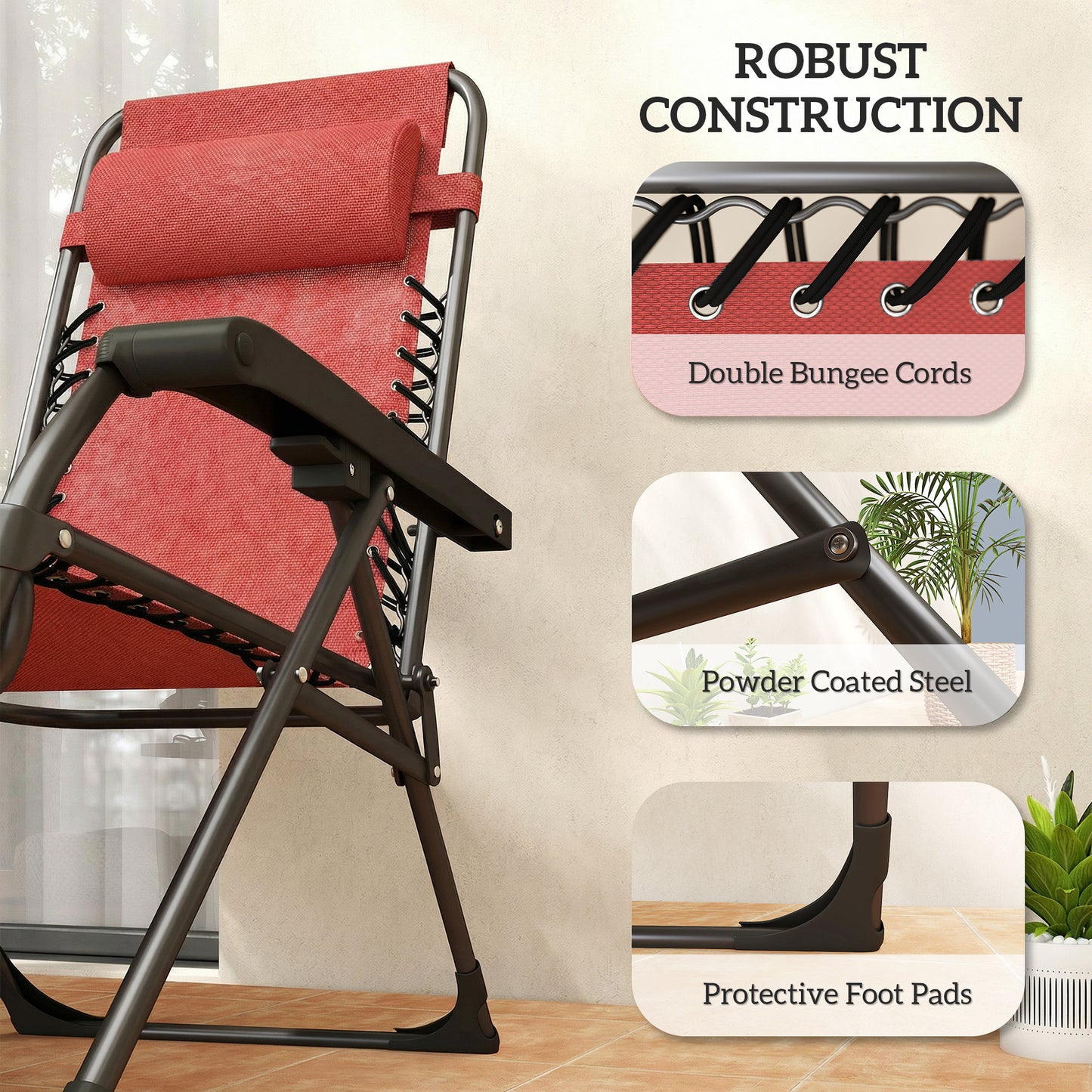 Zero Gravity Chair Set of 2, Folding Reclining Outdoor Lounge Chair with Cup Holder, Headrest, Wine Red