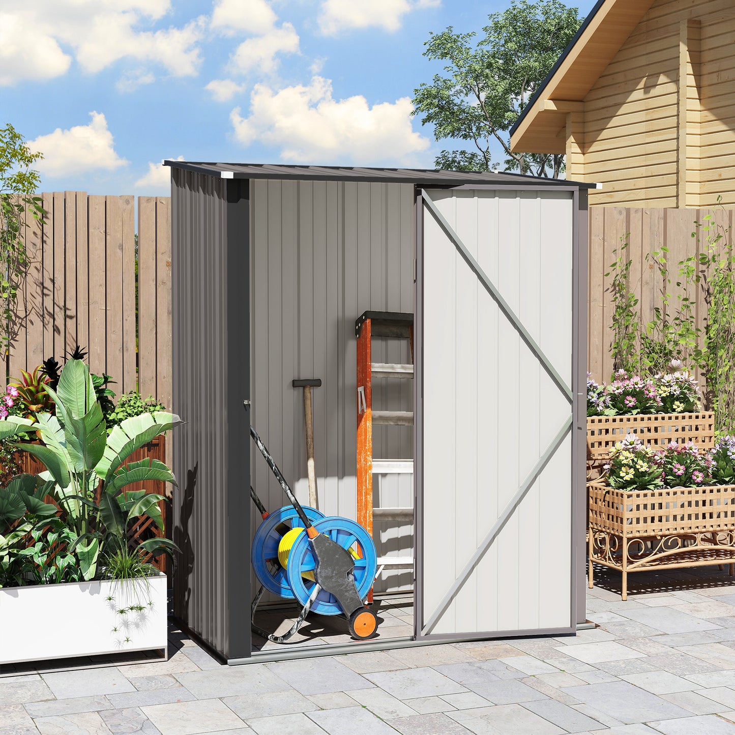 5' x 3' Outdoor Storage Shed, Steel Garden Shed with Single Lockable Door, Tool Storage Shed for Backyard, Light Grey