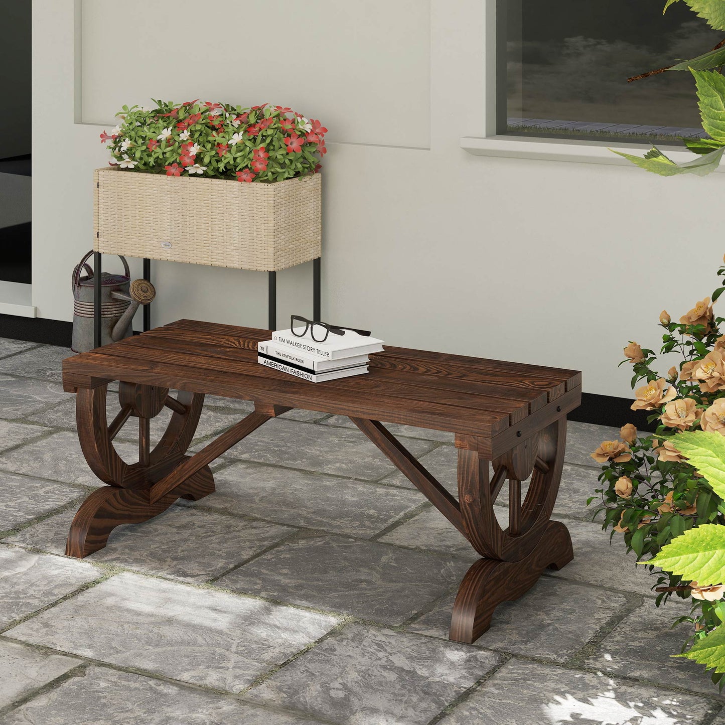 Rustic Wood Wheel Outdoor Garden Bench for 2-Person with a Unique Wheel Design on the Legs & Strong Build, Brown