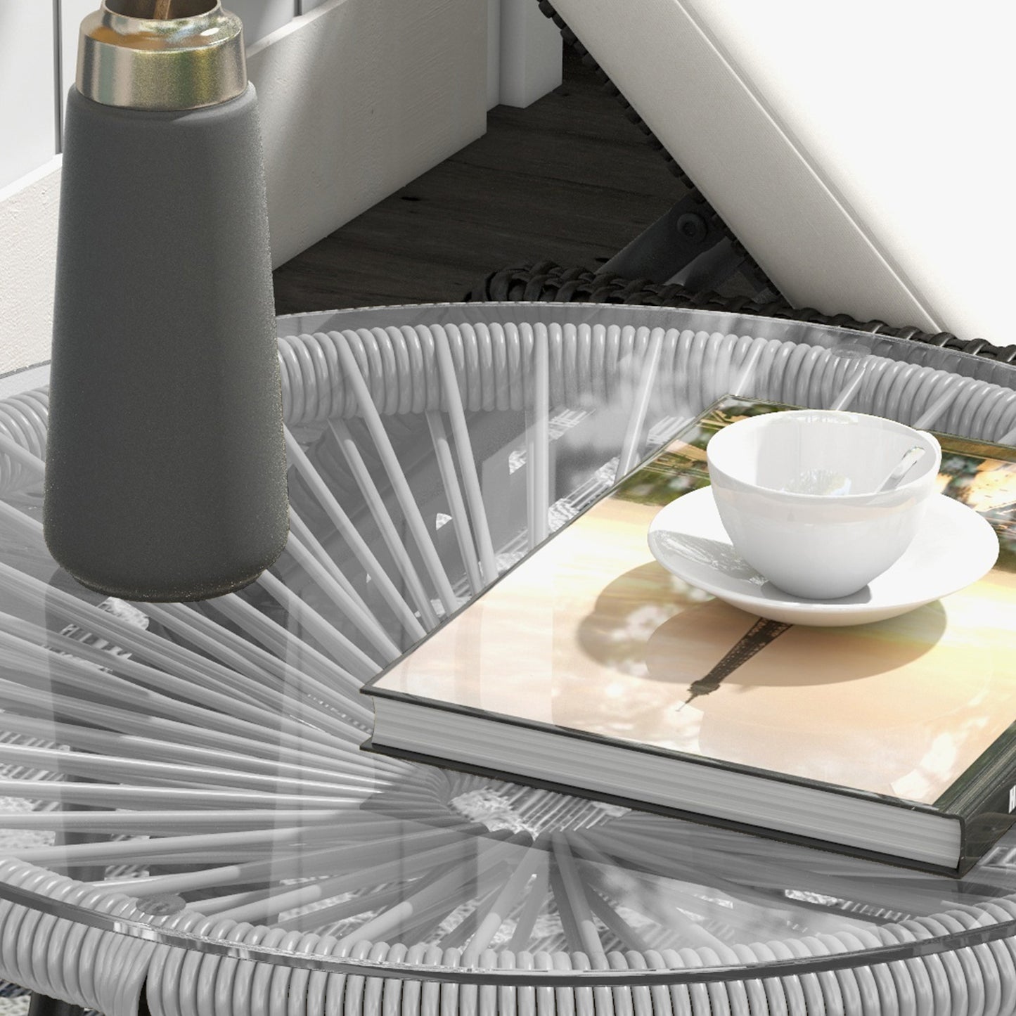 Rattan Side Table, Round Outdoor Table, with Round PE Rattan and Tempered Glass Table Top for Patio, Garden, Dark Grey