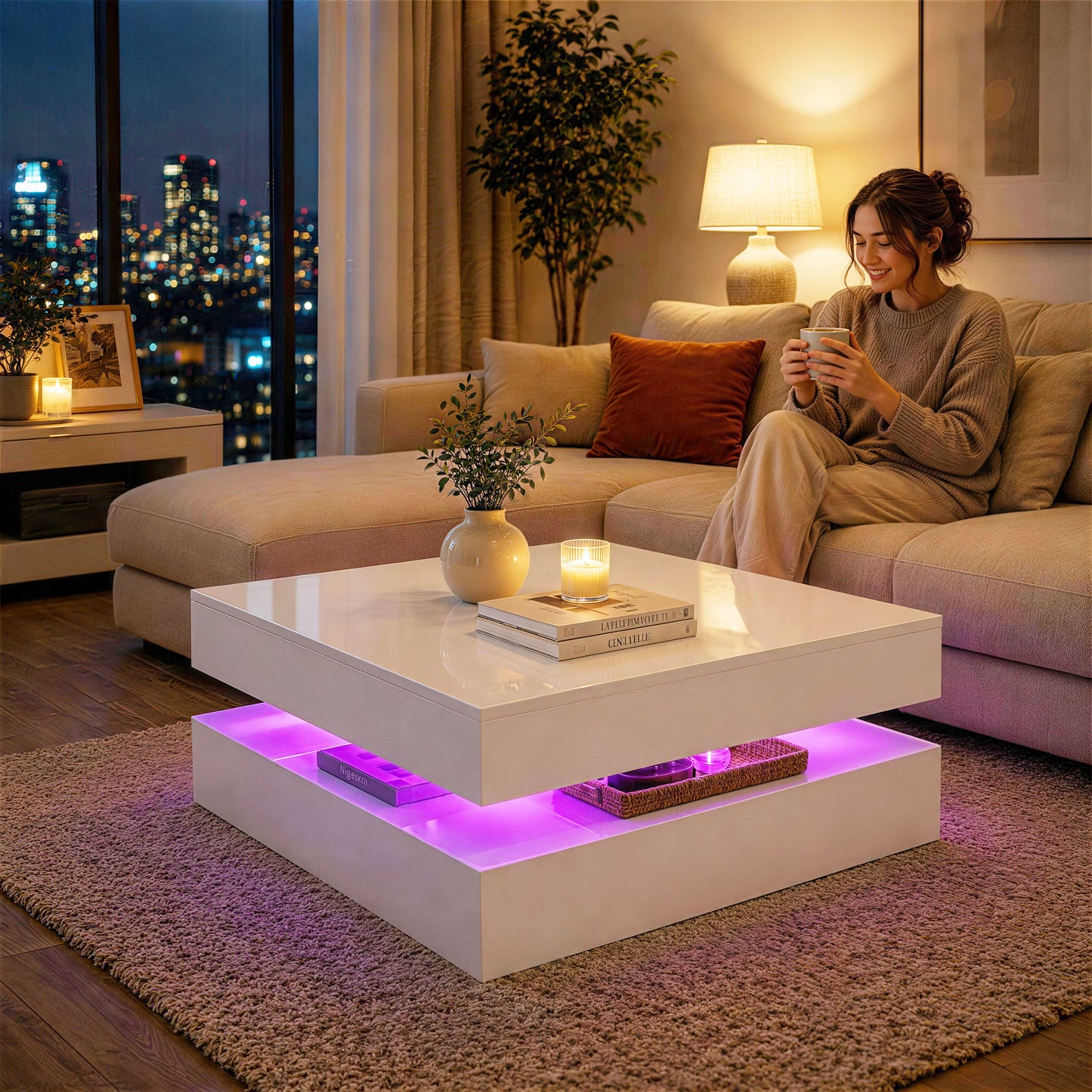 LED Coffee Table with Storage, 2-Tier Modern Center Table with Open Shelf and Remote for Living Room, High Gloss White