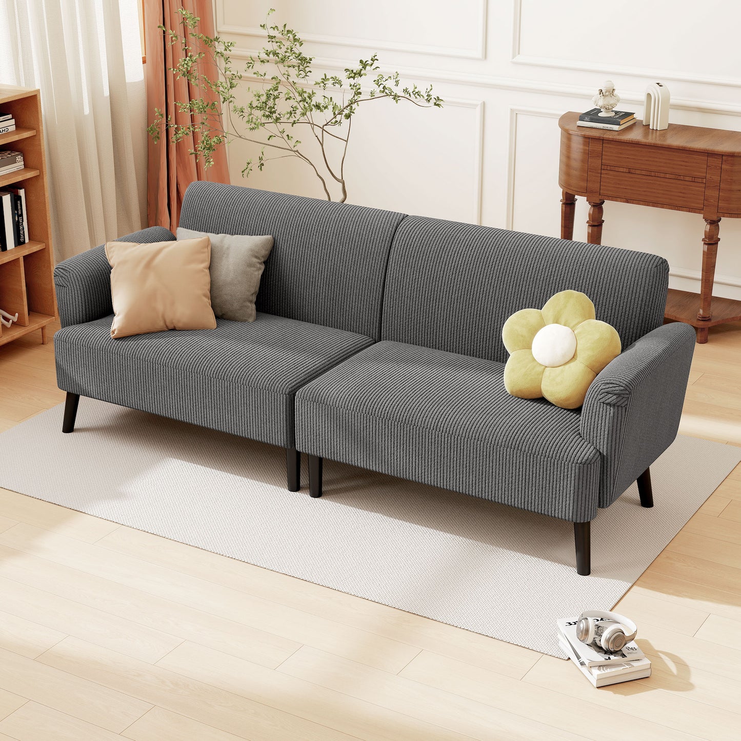 Modern Couch, 3 Seater Sofa, Corduroy Loveseat with Rubberwood Legs and Extra-Wide Seat, Grey