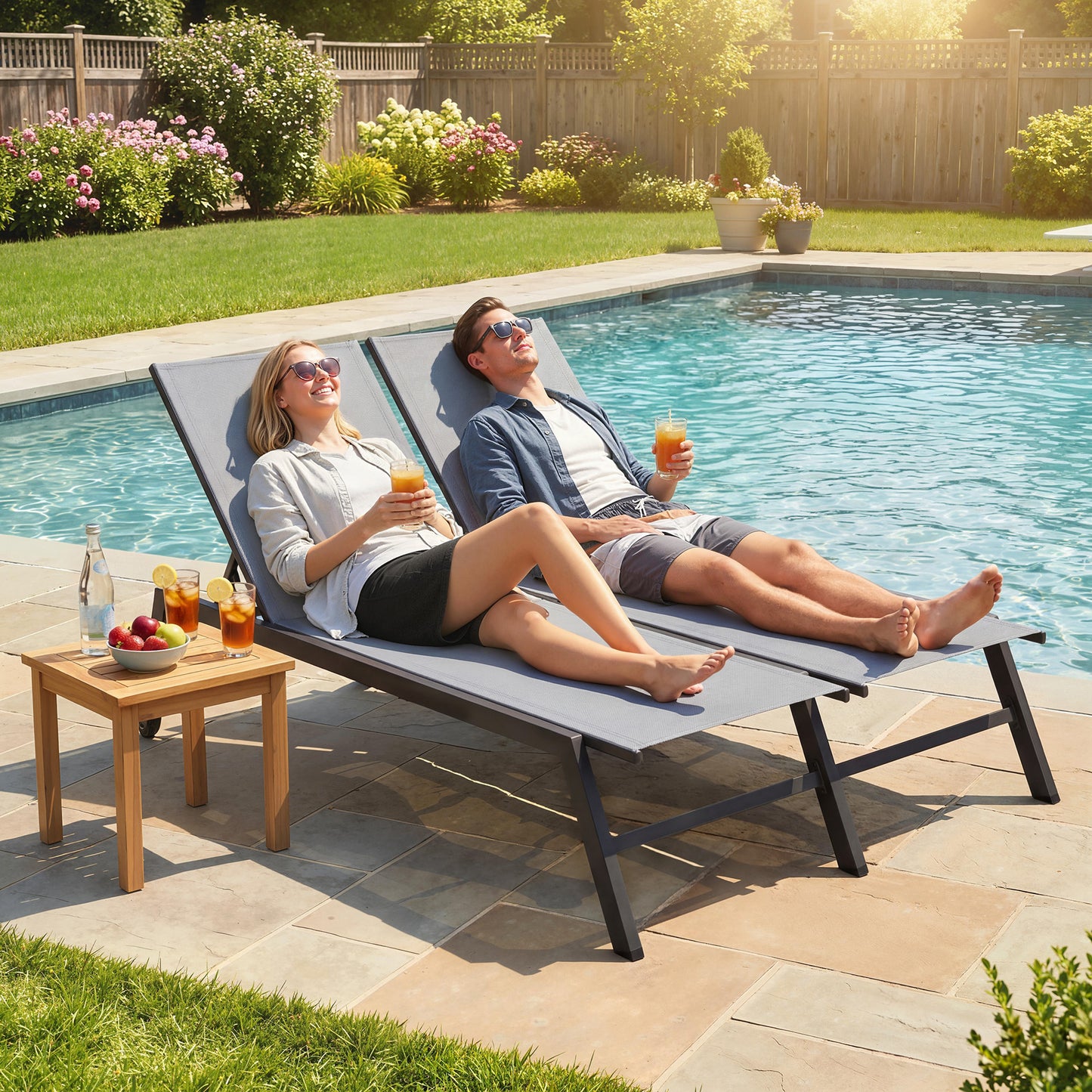 Chaise Lounge Chair for 2 Person, Outdoor Lounge Chair with 5-Position Adjustable and Wheels