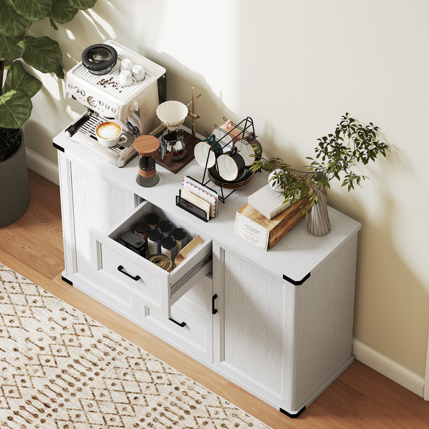 Sideboard with 3 Drawers and 2 Doors, 47" Buffet Cabinet with Adjustable Shelves for Kitchen, White Wood Grain