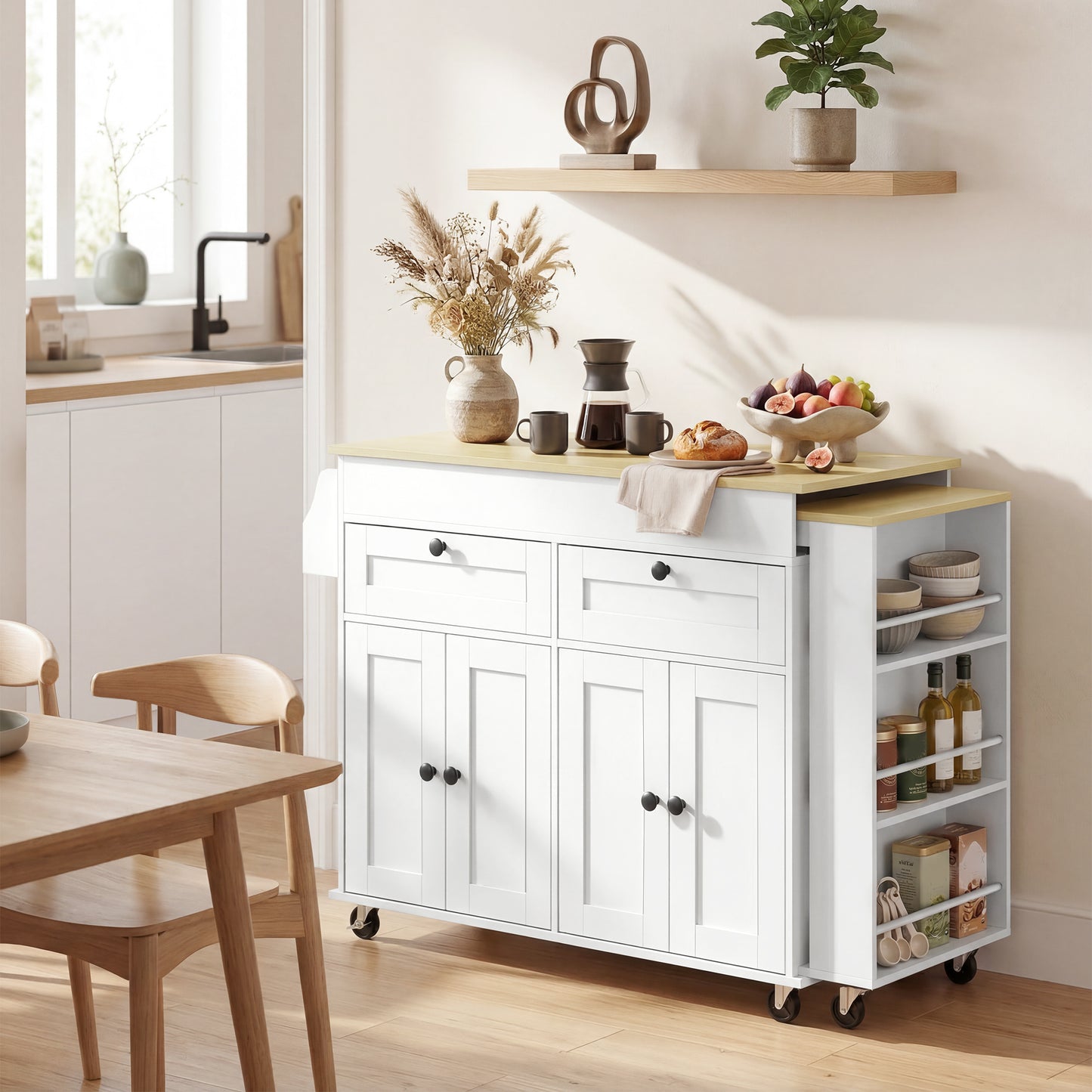 Kitchen Island with Sliding Expandable Top, Rolling Kitchen Cart with Drawers, Cabinets & Spice Rack, White