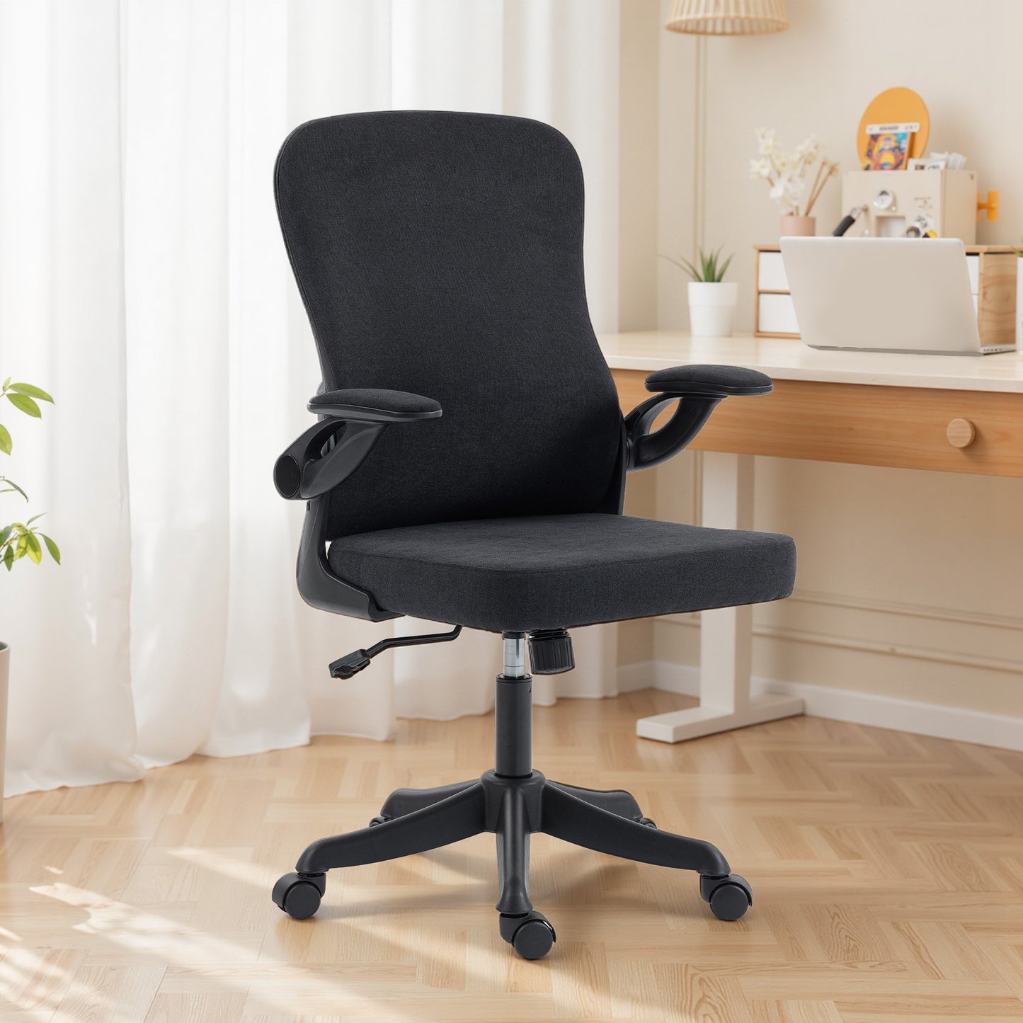Ergonomic Office Chair, Swivel Desk Chair with Adjustable Lumbar Support and Height, Flip-up Armrests, Wheels, Black