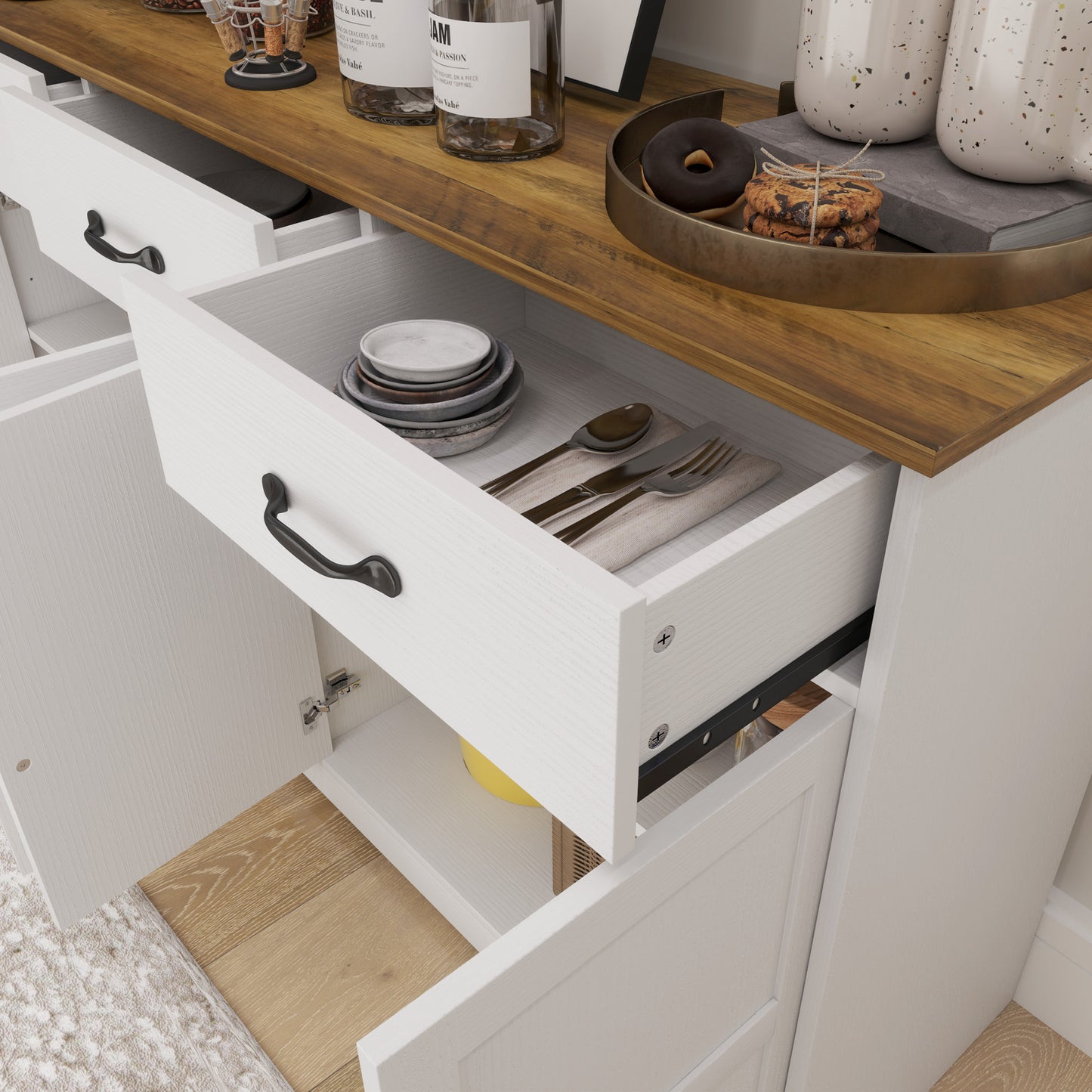 Sideboard Buffet Cabinet with Storage, Modern Coffee Bar Cabinet with 3 Drawers and Adjustable Shelves, Distressed White