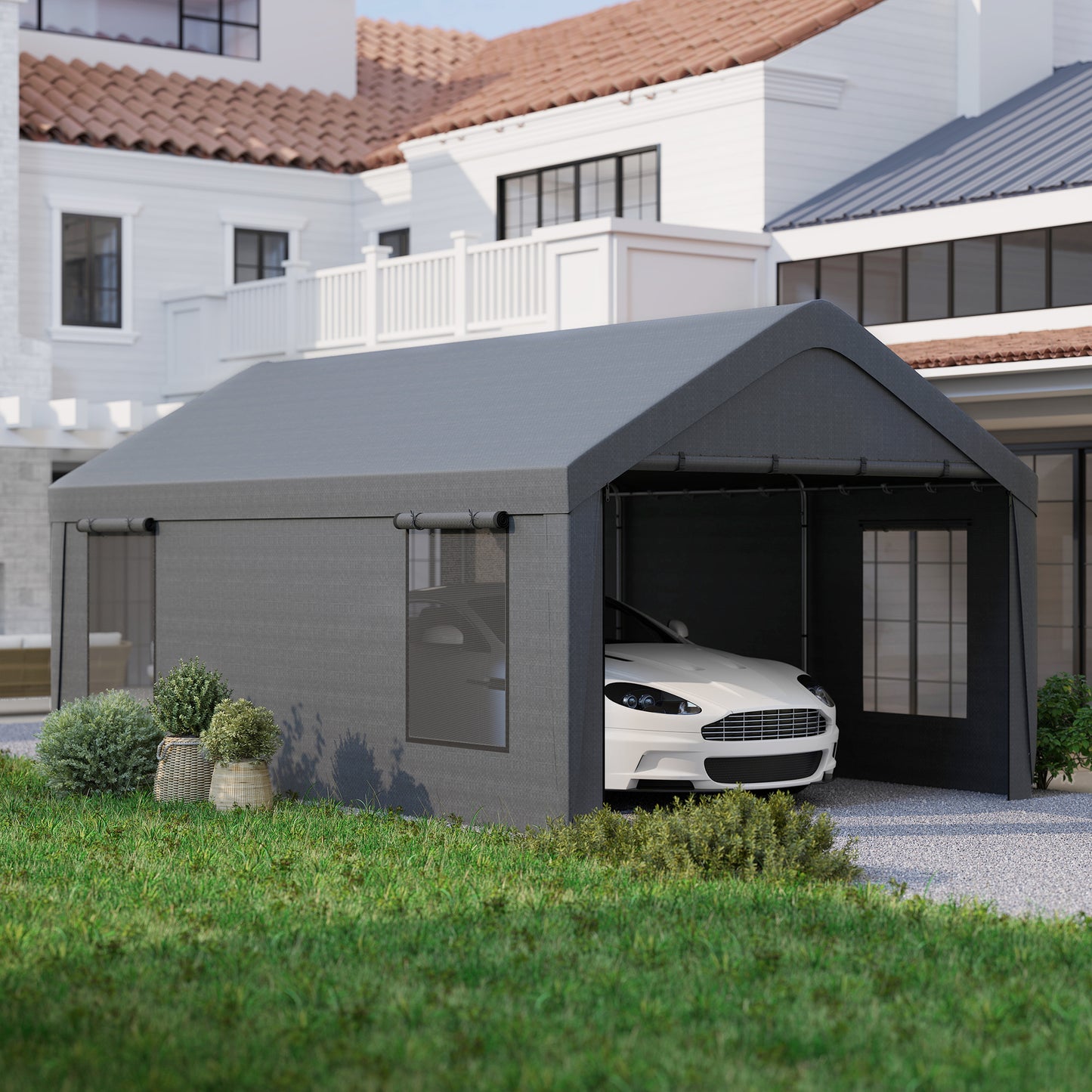 12 x 20ft Carport with 2 Roll-Up Doors, 4 Windows, Portable Garage with Removable Sidewalls for Car, Truck, Dark Grey