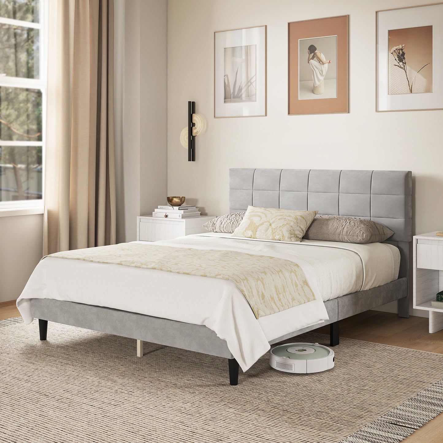 Queen Size Bed Frame with Upholstered Headboard, Modern Platform Bed Frame with Wood Slats, 1100 lbs Capacity, Grey