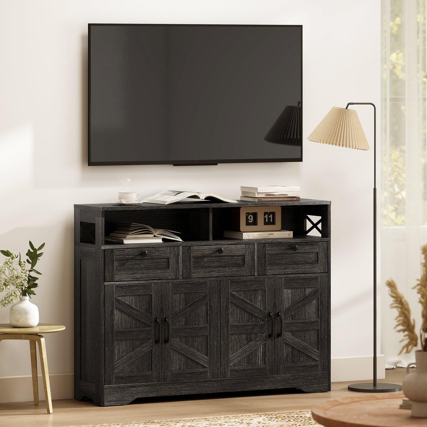 Sideboard, Buffet Cabinet with 4 Barn Doors and 3 Drawers, Coffee Bar Cabinet with Adjustable Shelves, Dark Brown