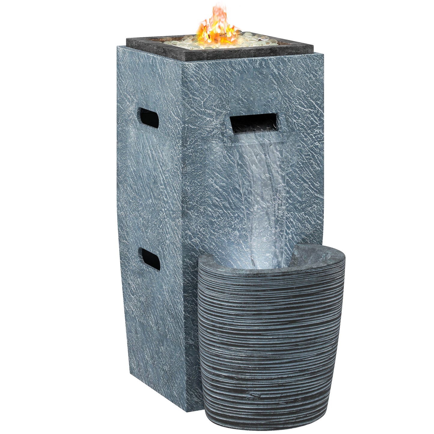 16.5" x 11" x 22.4" Propane Fire Pit Table with Fountain, 15000 BTU Outdoor Gas Fire Table with LED Light Adjustable Water Flow, Fire Fountain Water with Glass Rocks, Grey