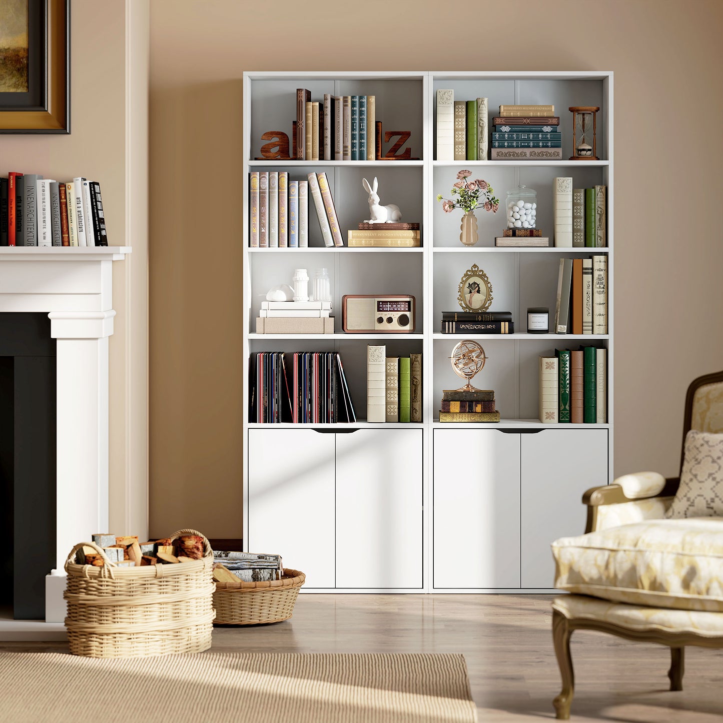 4-Tier Open Bookshelf with Doors Modern Home Office Bookcase Storage Cabinet for Living Room Bathroom Study, White