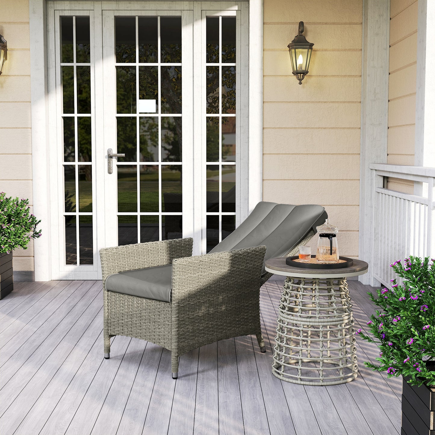 Wicker Outdoor Recliner Chair, Wicker Reclining Patio Chair with Adjustable Backrest and Cushion, Grey