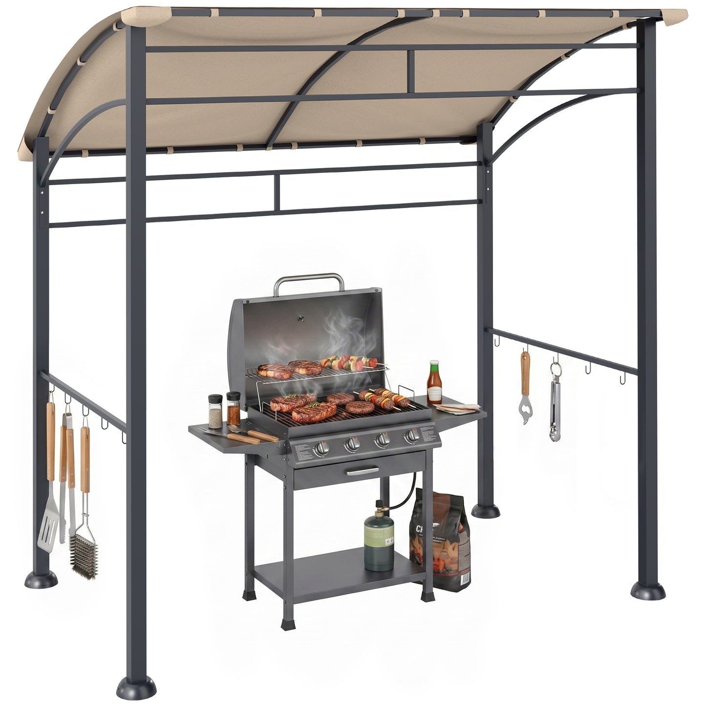 7' x 5' BBQ Grill Gazebo Tent, Garden Grill Canopy with Steel Frame and Hooks, Outdoor Sun Shade, Khaki