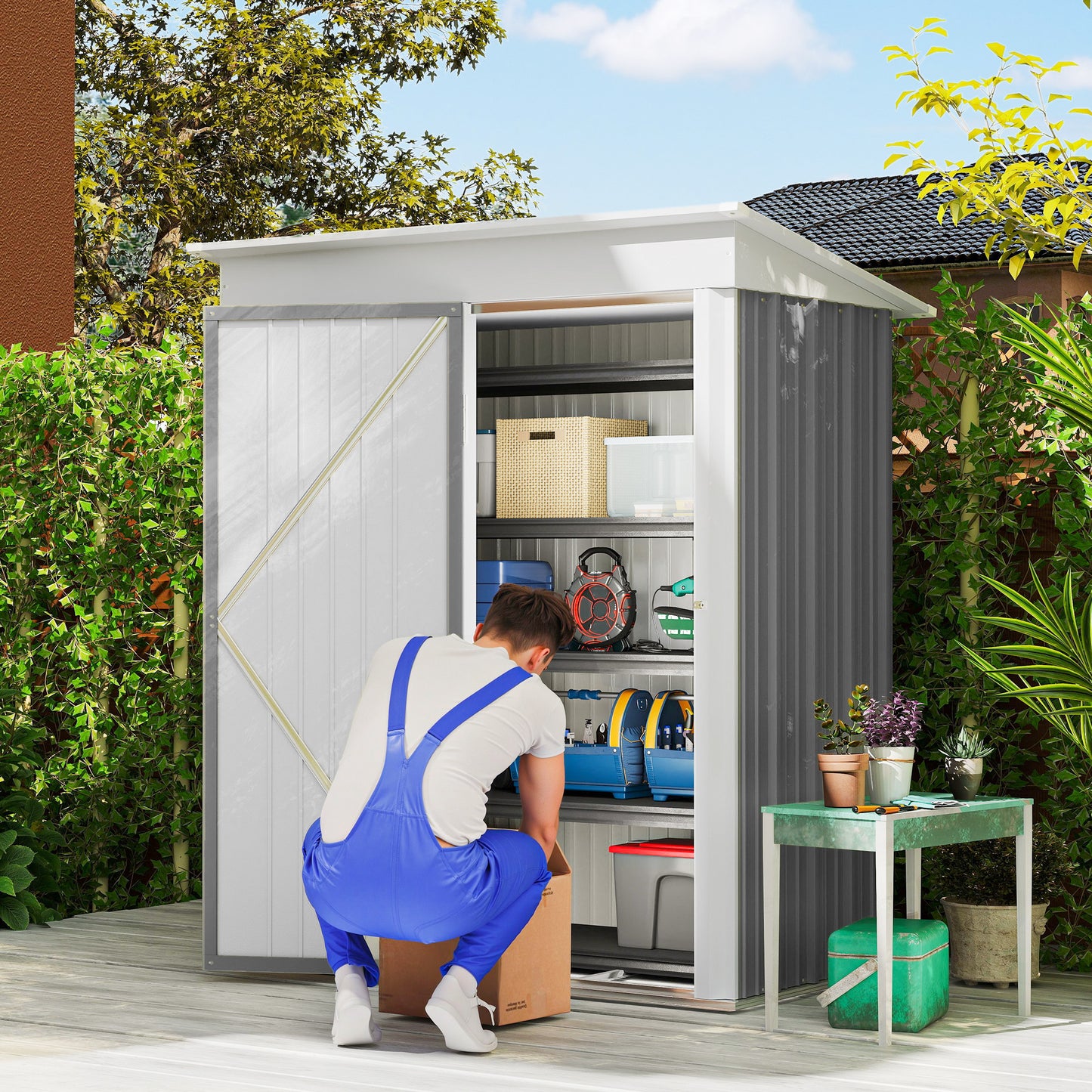 Outdoor Storage Shed, Steel Lean-to Shed with Adjustable Shelf, Lock, Gloves, 5'x3'x6', Grey