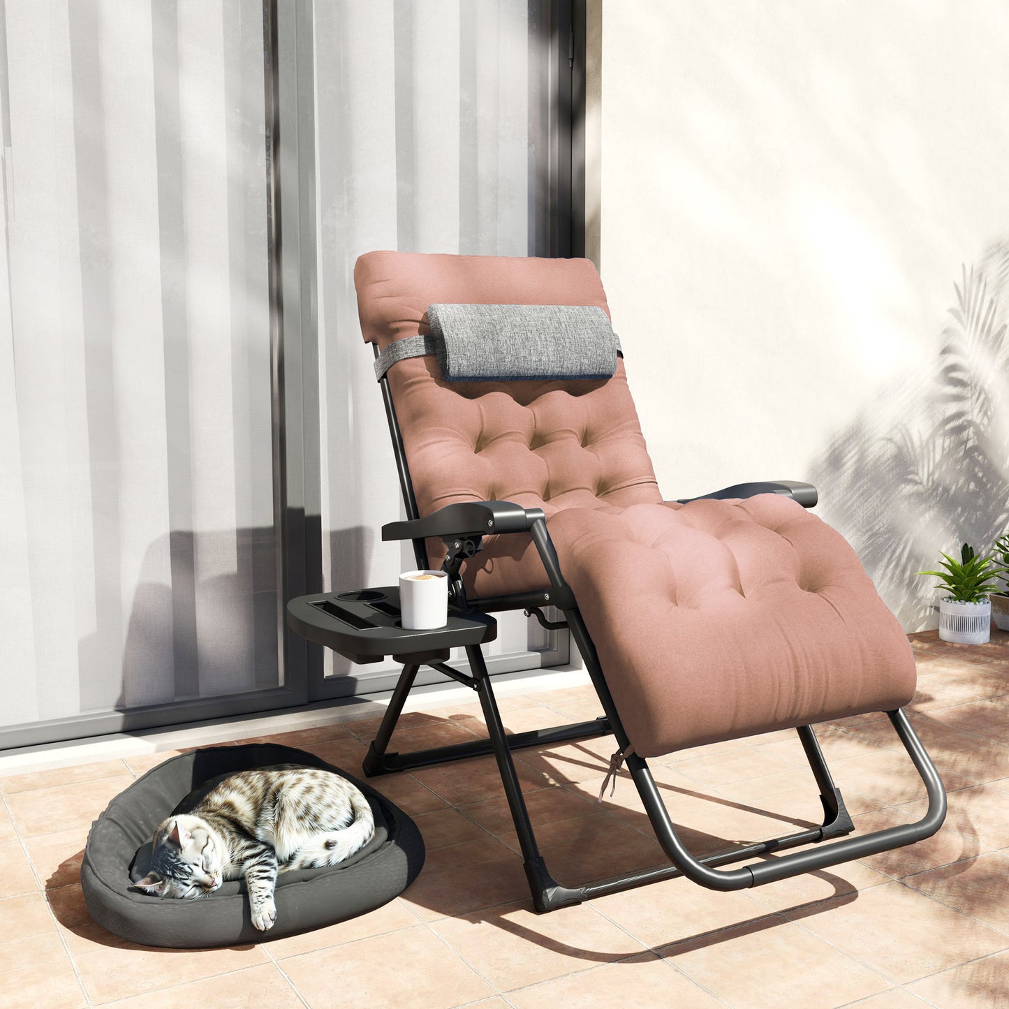 Padded Folding Recliner Chair, Patio Lounger with Cupholder, Adjustable Backrest, Removable Cushion, Navy Blue