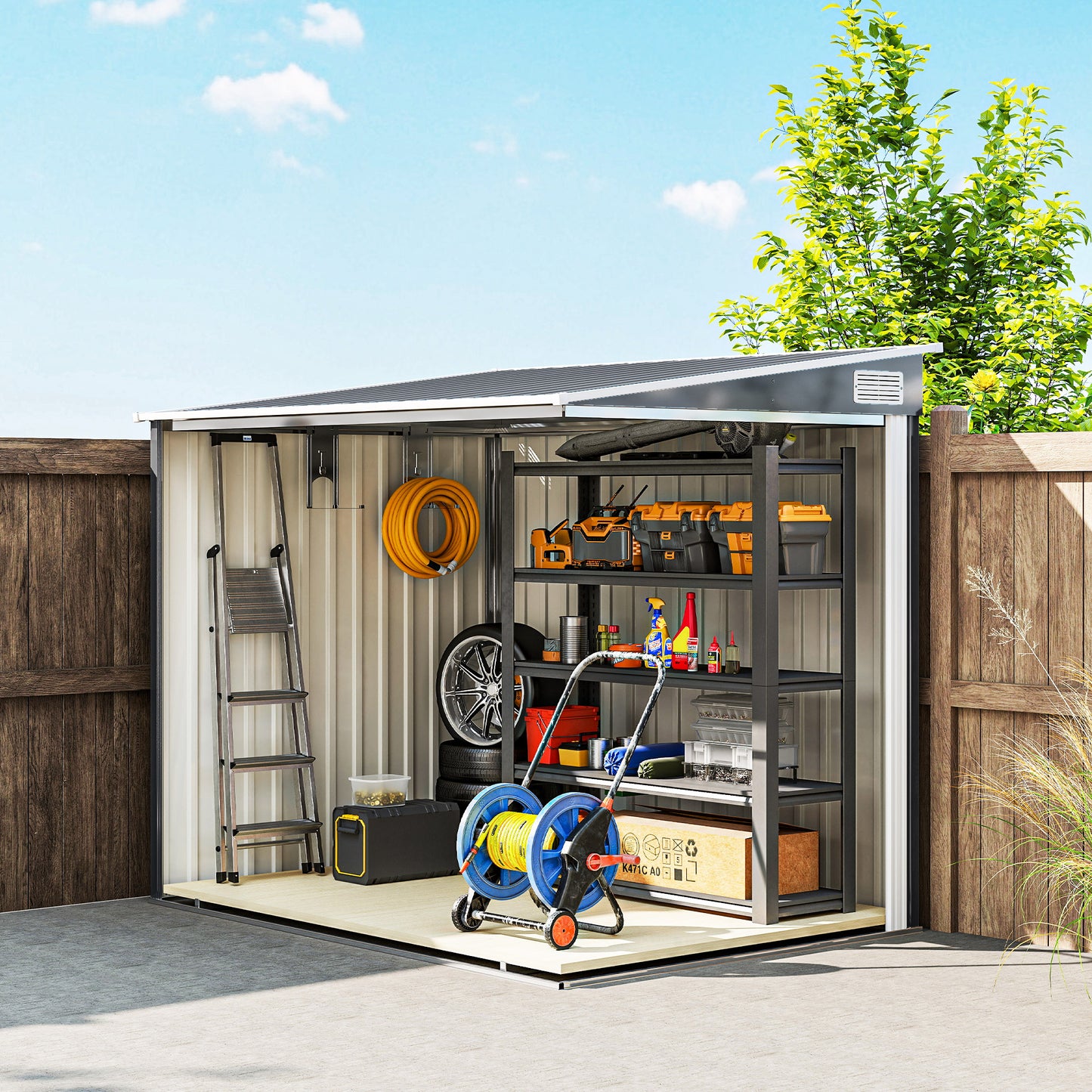 5'x7' Lean to Galvanized Metal Shed with Foundation, Garden Tool Storage House with Sliding Door and 2 Vents, Dark Grey