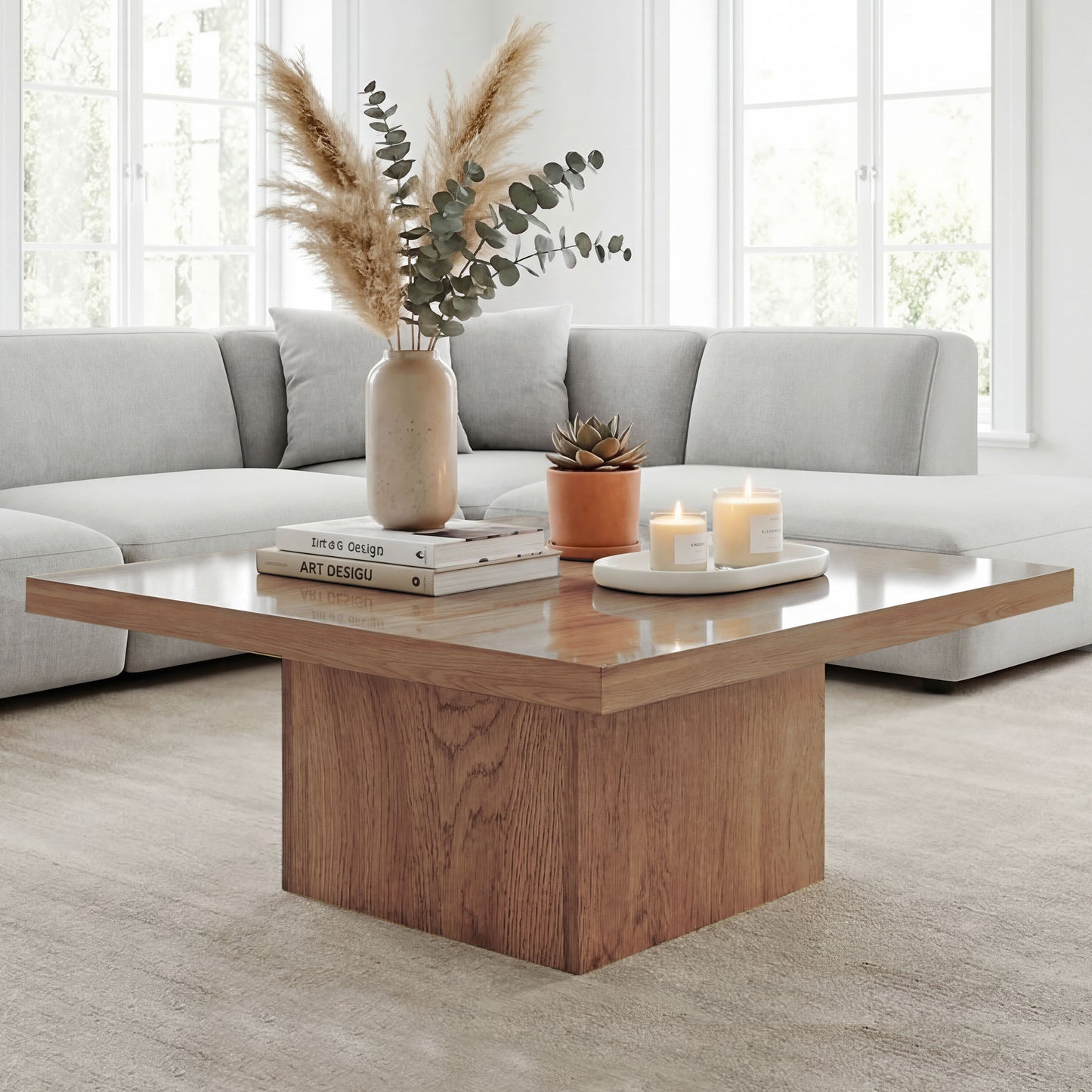 Square Coffee Table, Center Table with 1.6" Thick Tabletop, Natural Wood