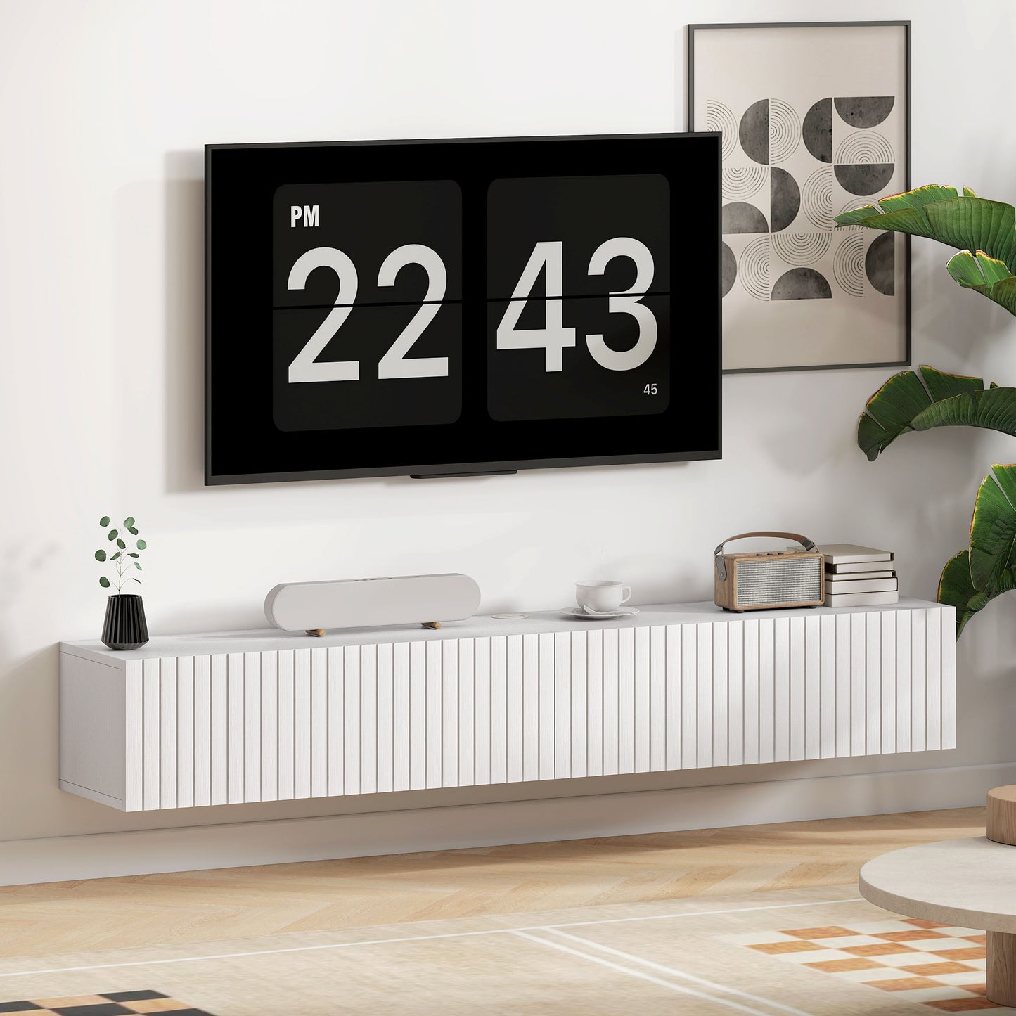 55" Floating TV Stand for TVs up to 72 Inch, Wall Mount Media Console with 2 Fluted Flip-Down Doors, Cable Hole, White