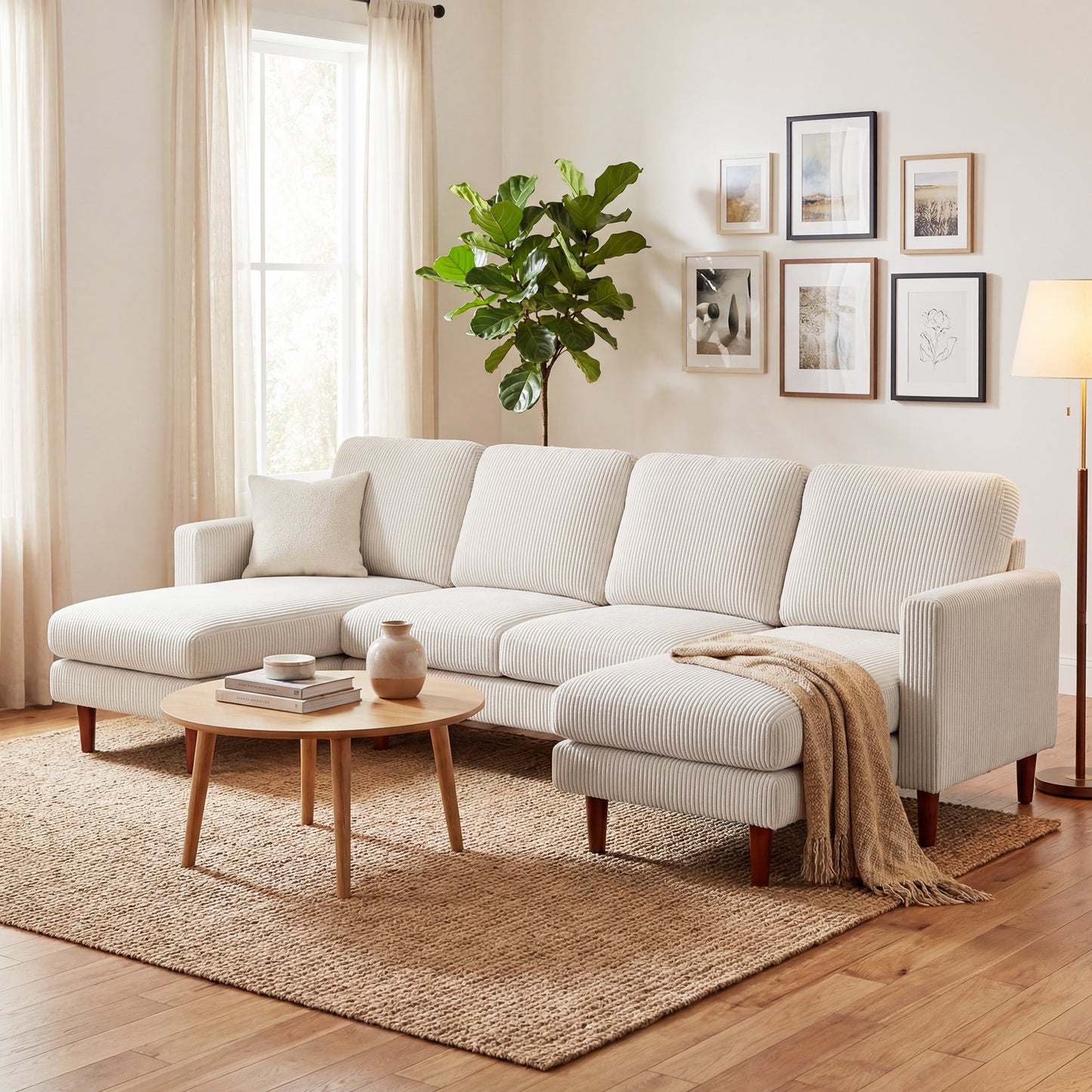 Sectional Sofa, Corduroy U Shaped Couch with Double Chaise and Spring Cushions, 2200lb Capacity, Beige