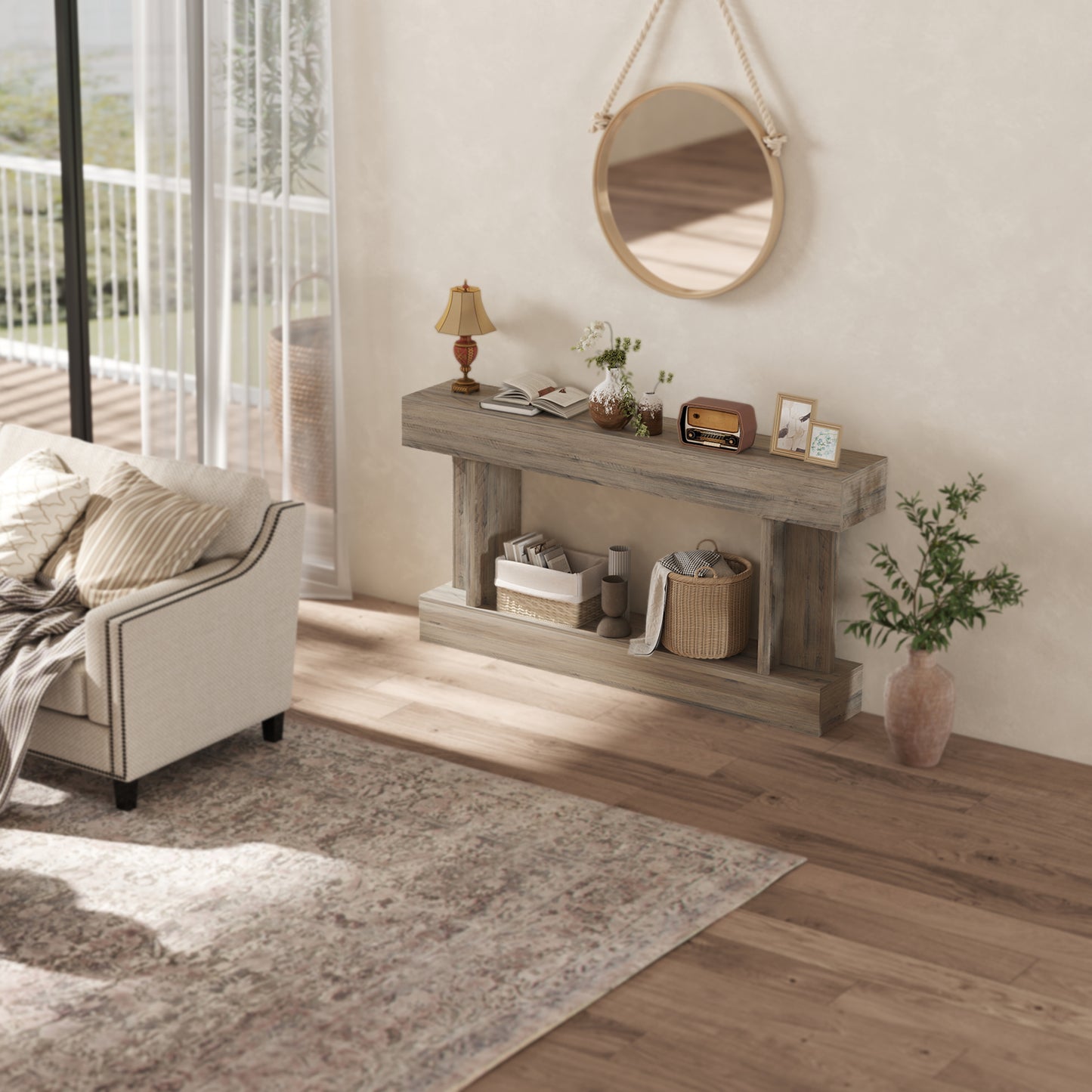 63 Inch Long Console Table, Vintage Narrow Entryway Table with Storage Shelf for Living Room and Hallway, Light Brown