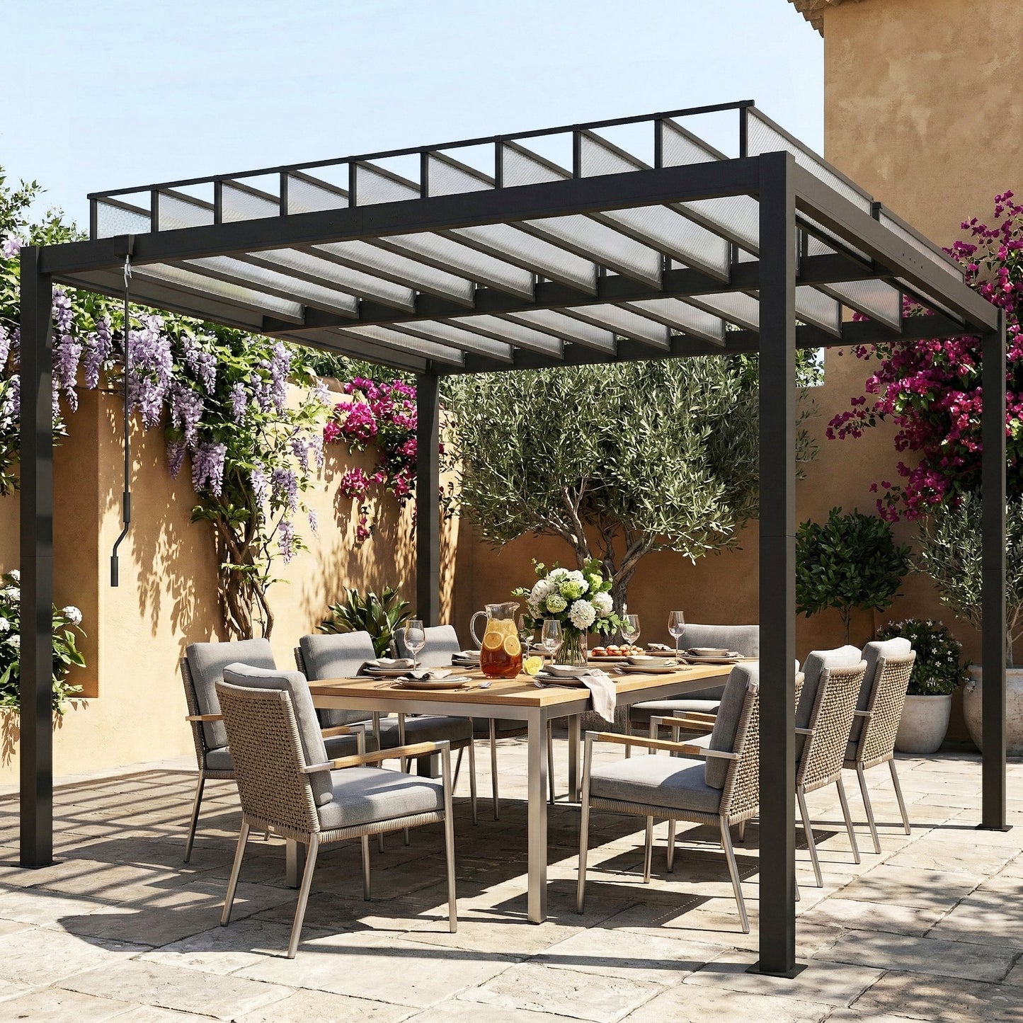 9.5 x 10 ft Louvered Pergola with PC Roof, Aluminium Outdoor Pergola Gazebo with Drainage Gutters, Handle, Clear