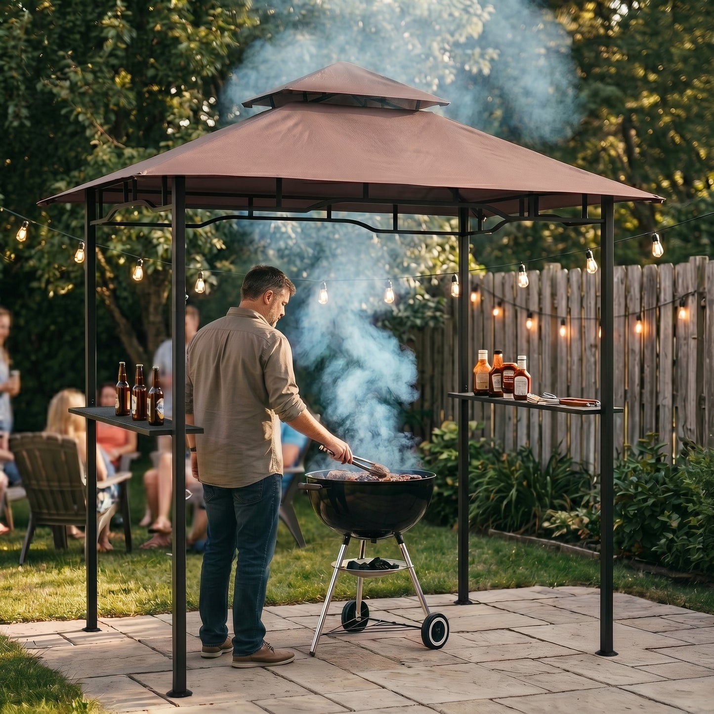 8' x 5' BBQ Grill Gazebo Tent with Double Tiered Canopy for Outdoor Sun Shade, Coffee