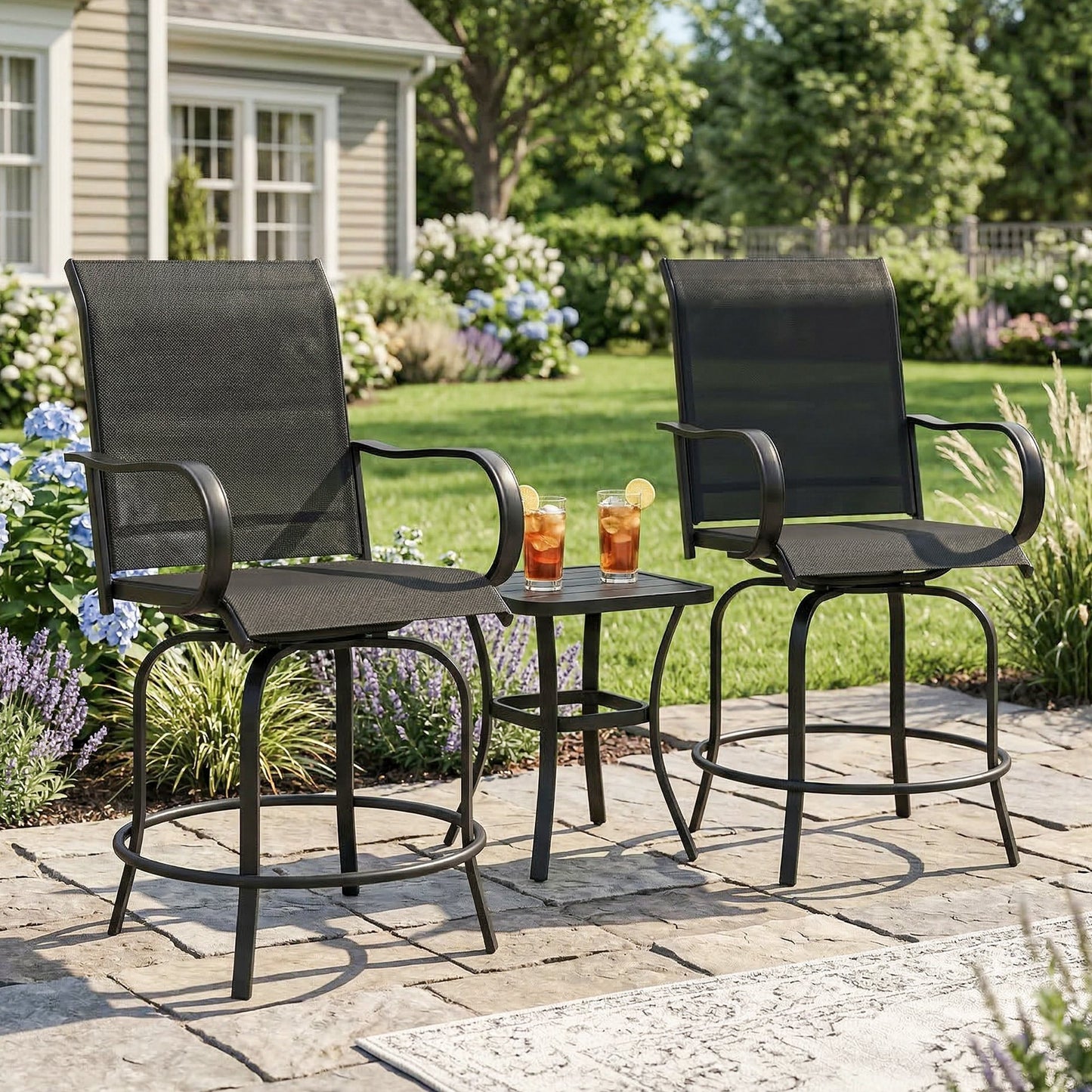Outdoor Bar Stools Set of 2, 360° Swivel Bar Height Chairs, 26.8" x 29.5" x 48.4", Black