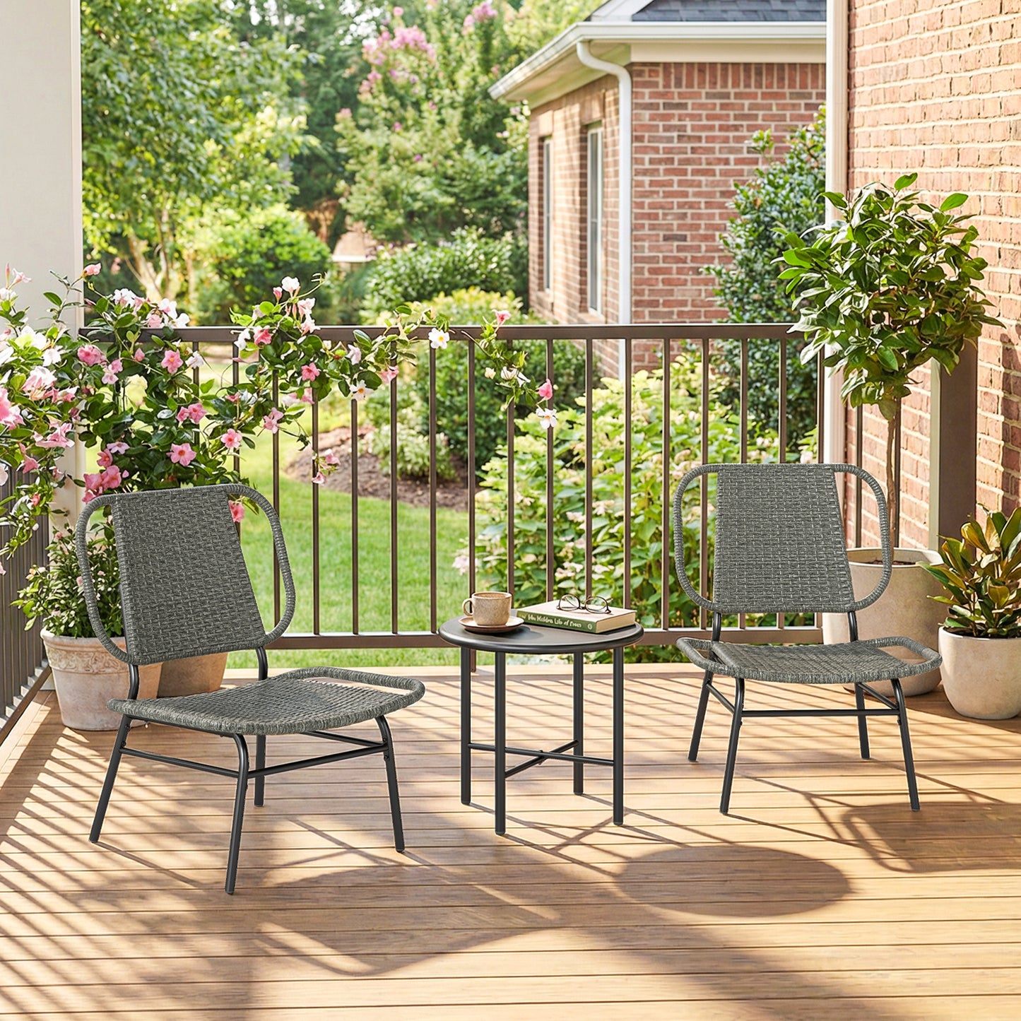 3 Piece Wicker Patio Furniture Set, Outdoor Bistro Set with Steel Table, Rattan Outdoor Conversation Furniture, Grey