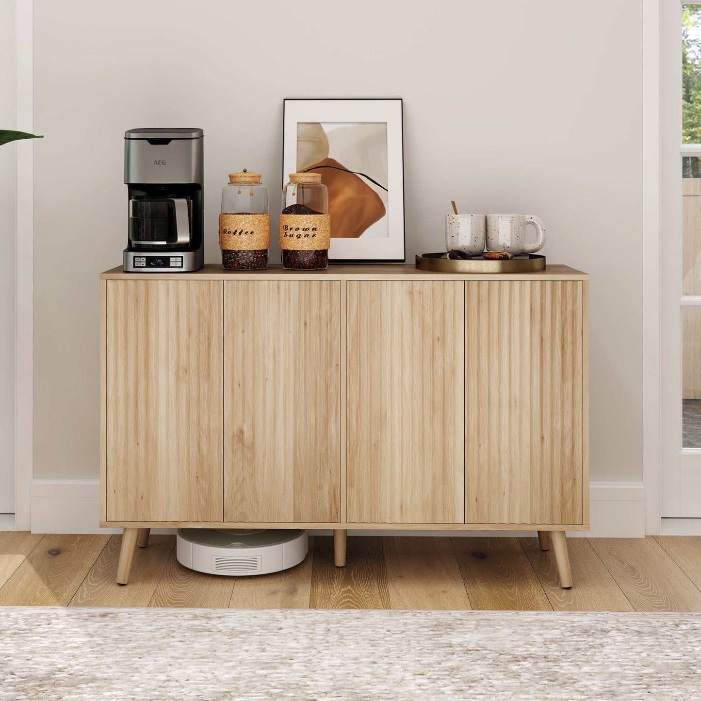 Buffet Cabinet with Storage Modern Fluted Sideboard with Adjustable Shelves Wood Legs for Dining Room Living Room Oak