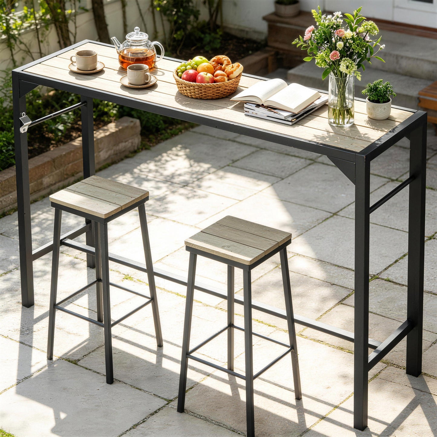 Bar Height Outdoor Table with Built-In Bottle Opener, Patio Bar Table with Wood Grain Plastic Top, 55" x 15" x 39"