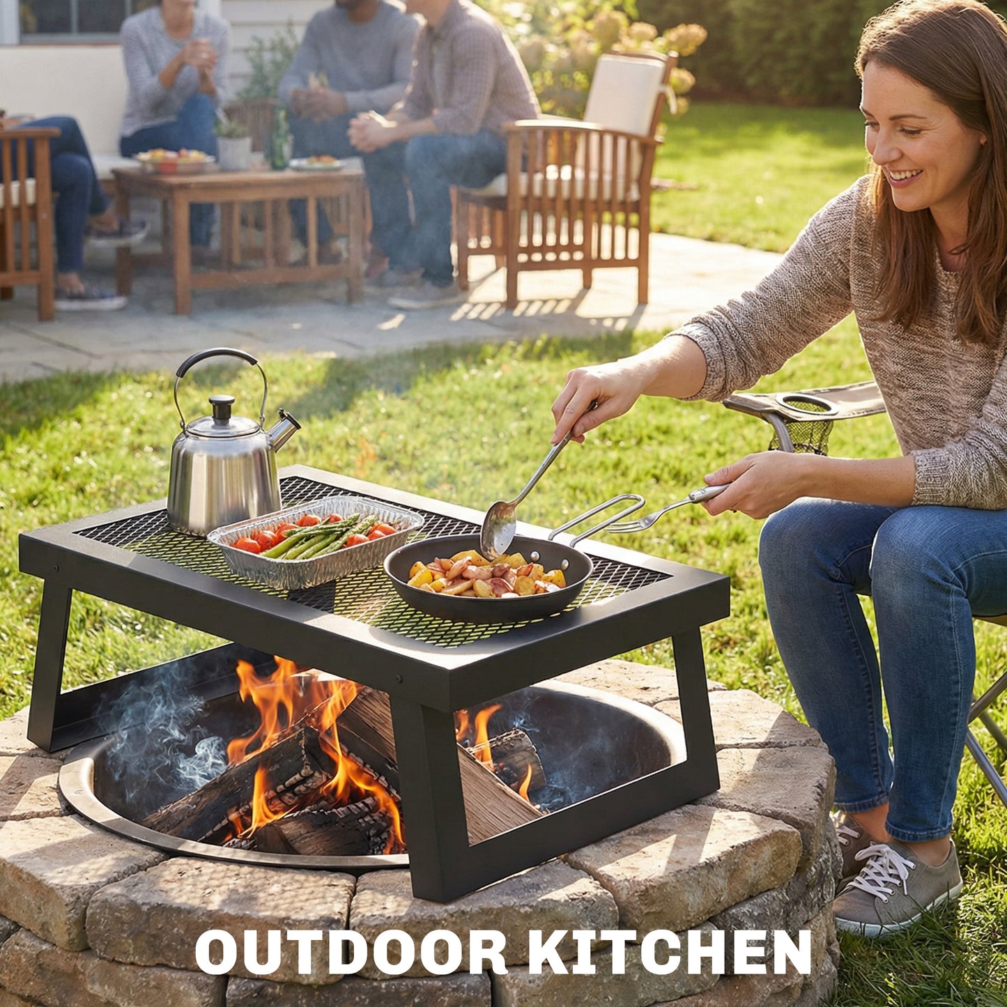 Folding Campfire Grill, 36" x 18" Heavy Duty Carbon Steel Grill Grate with Folding Legs, Black