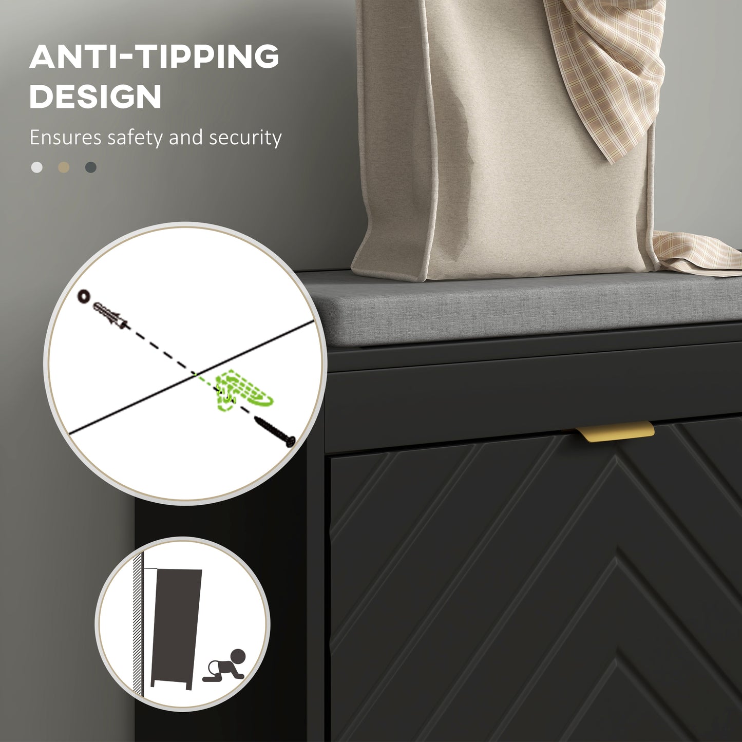 Shoe Storage with Seat, Upholstered Hallway Bench, Shoe Bench with 2 Flip Drawers and 4 Vents for 8 Pairs of Shoes