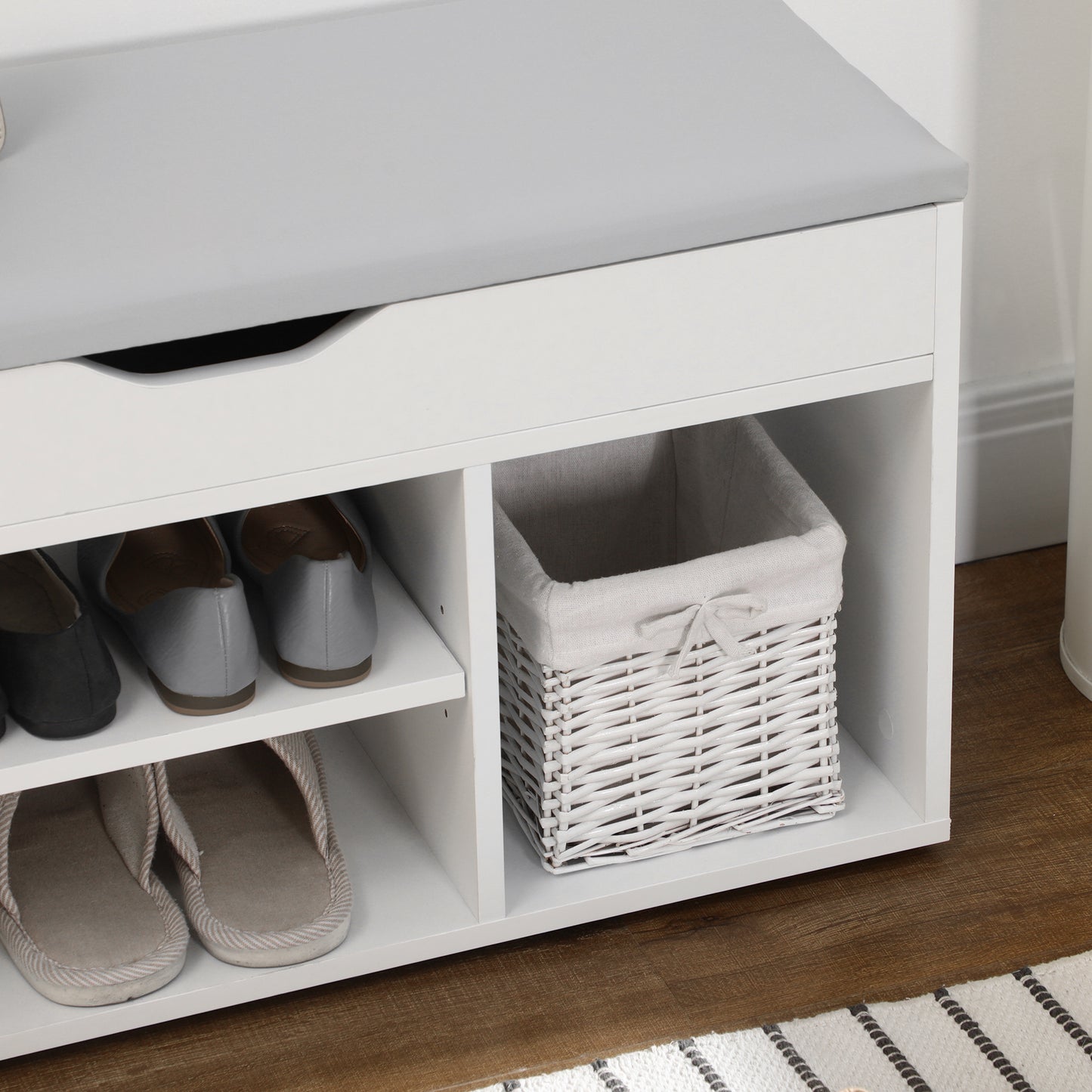Shoe Bench Entryway Storage Rack with Padded Cushion, Hidden Storage for Hallway, Living Room, White