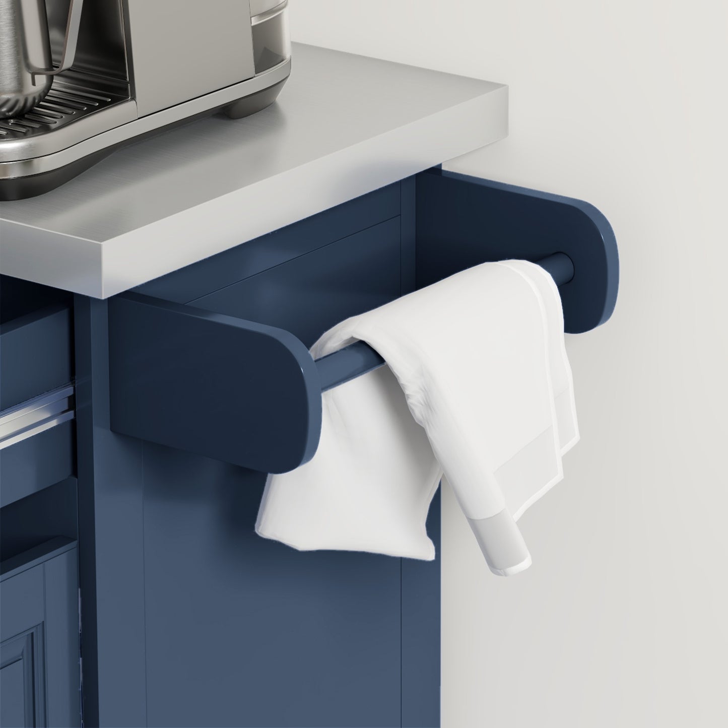 Rolling Kitchen Island with Stainless Steel Top, Kitchen Trolley with 2 Drawers, Cabinets, Towel/Spice/Knife Rack, Blue