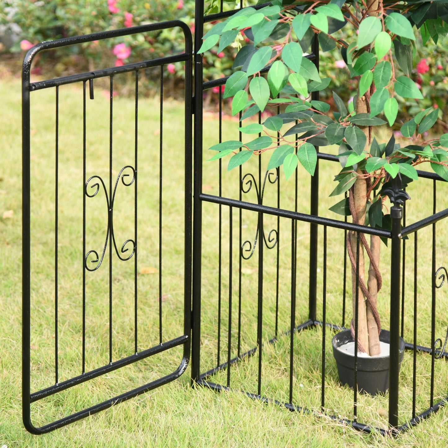 7.2FT Metal Garden Arch with Gate, 2 Side Planter Baskets, Garden Arbor Archway Trellis for Roses and Climbing Plants, Black