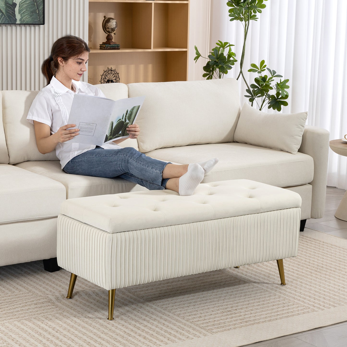 Storage Ottoman Bench, 43 Inch Large Storage Chest with Steel Legs and Padded Seat, Foot Rest, Load 485 lbs, Beige