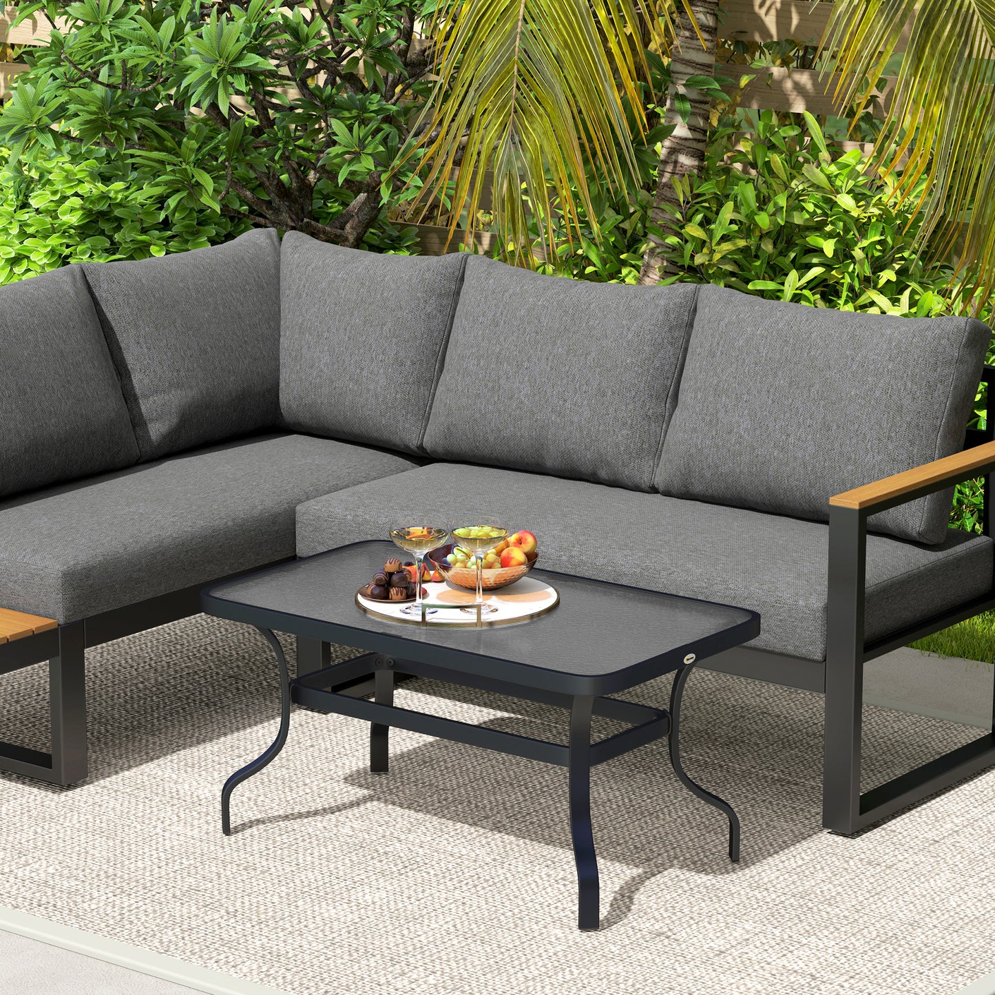 37" Patio Coffee Table with Tempered Glass Top, Outdoor Coffee Table with Metal Frame, Black